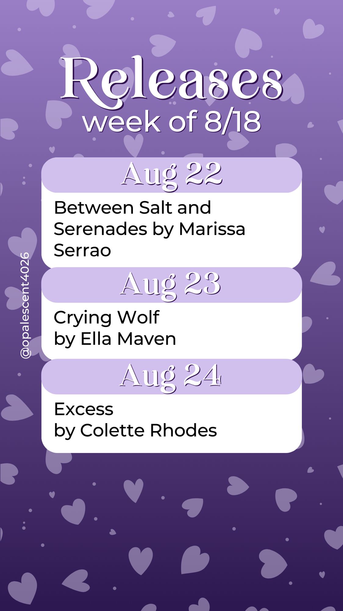 Releases Week of 8/18. Aug 22 Between Salt and Serenades by Marissa Serrao; Aug 23 Crying Wolf by Ella Maven; Aug 24 Excess by Colette Rhodes