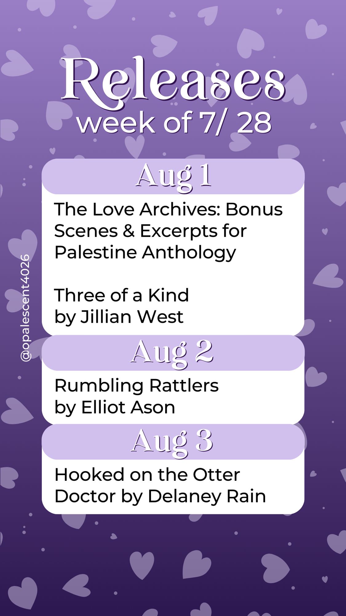 Releases Week of 7/28. Aug 1 The Love Archives: Bonus Scenes & Excerpts for Palestine Anthology, Three of a Kind by Jillian West; Aug 2 Rumbling Rattlers by Elliot Ason; Aug 3 Hooked on the Otter Doctor by Delaney Rain