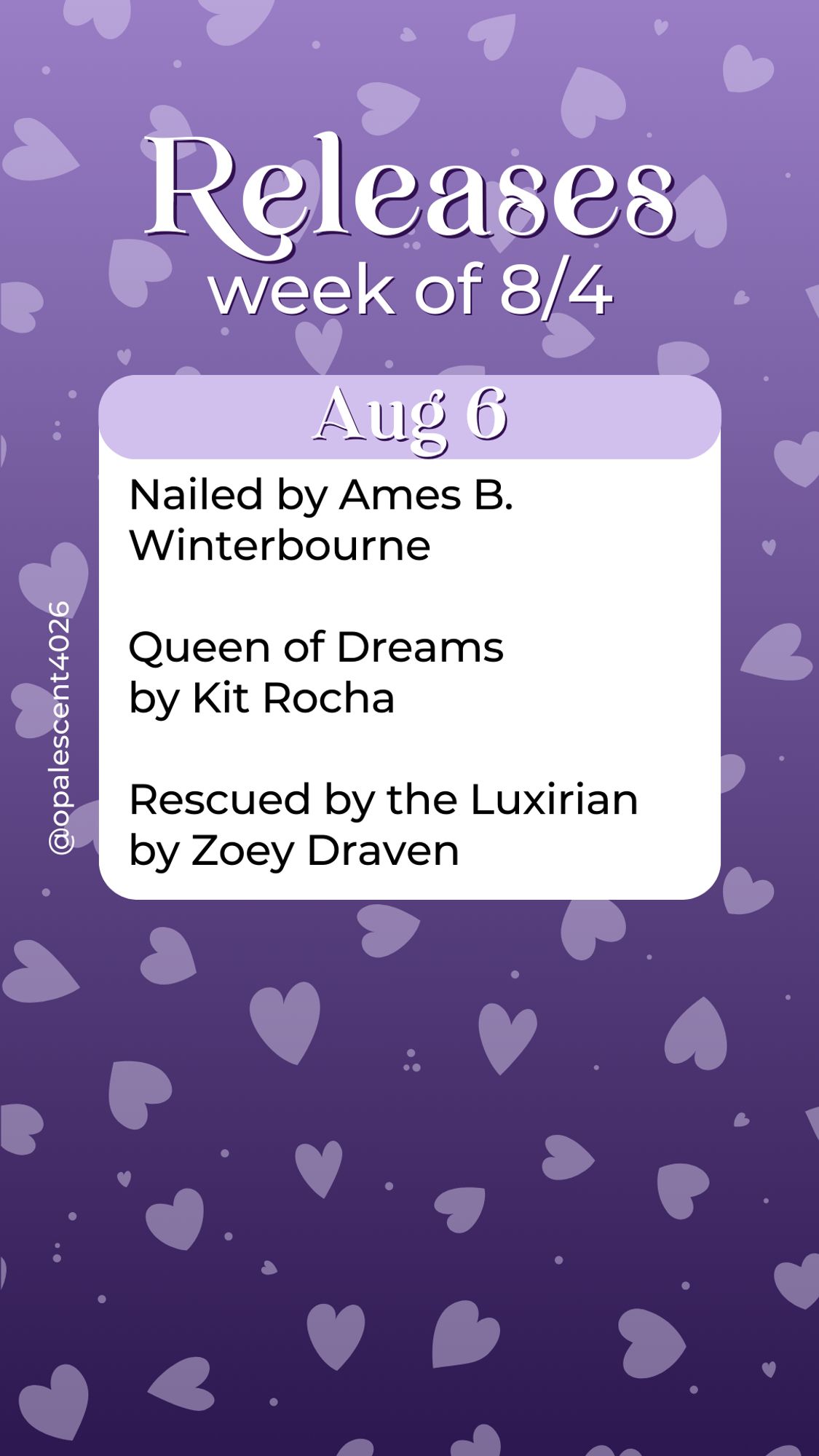 Releases Week of 8/4. Aug 6 Nailed by Ames B. Winterbourne, Queen of Dreams by Kit Rocha, Rescued by the Luxirian by Zoey Draven