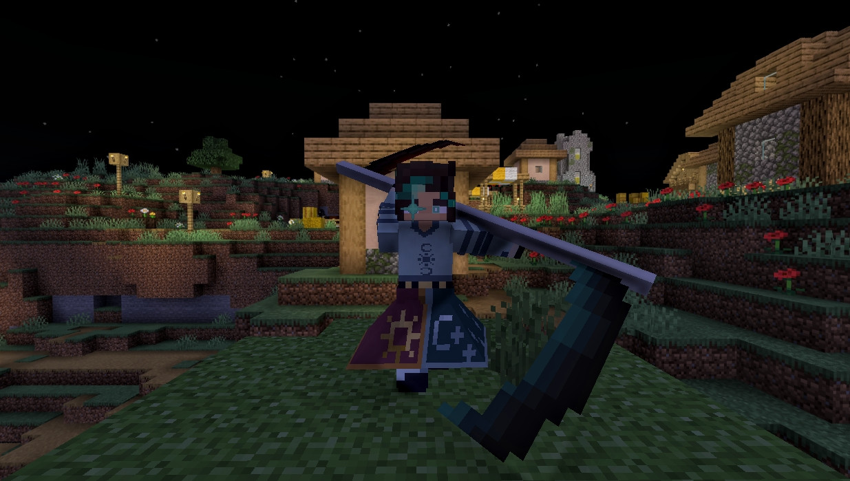 A dress wielding character wielding a dual scythe in a Minecraft village. Made for Artfight.