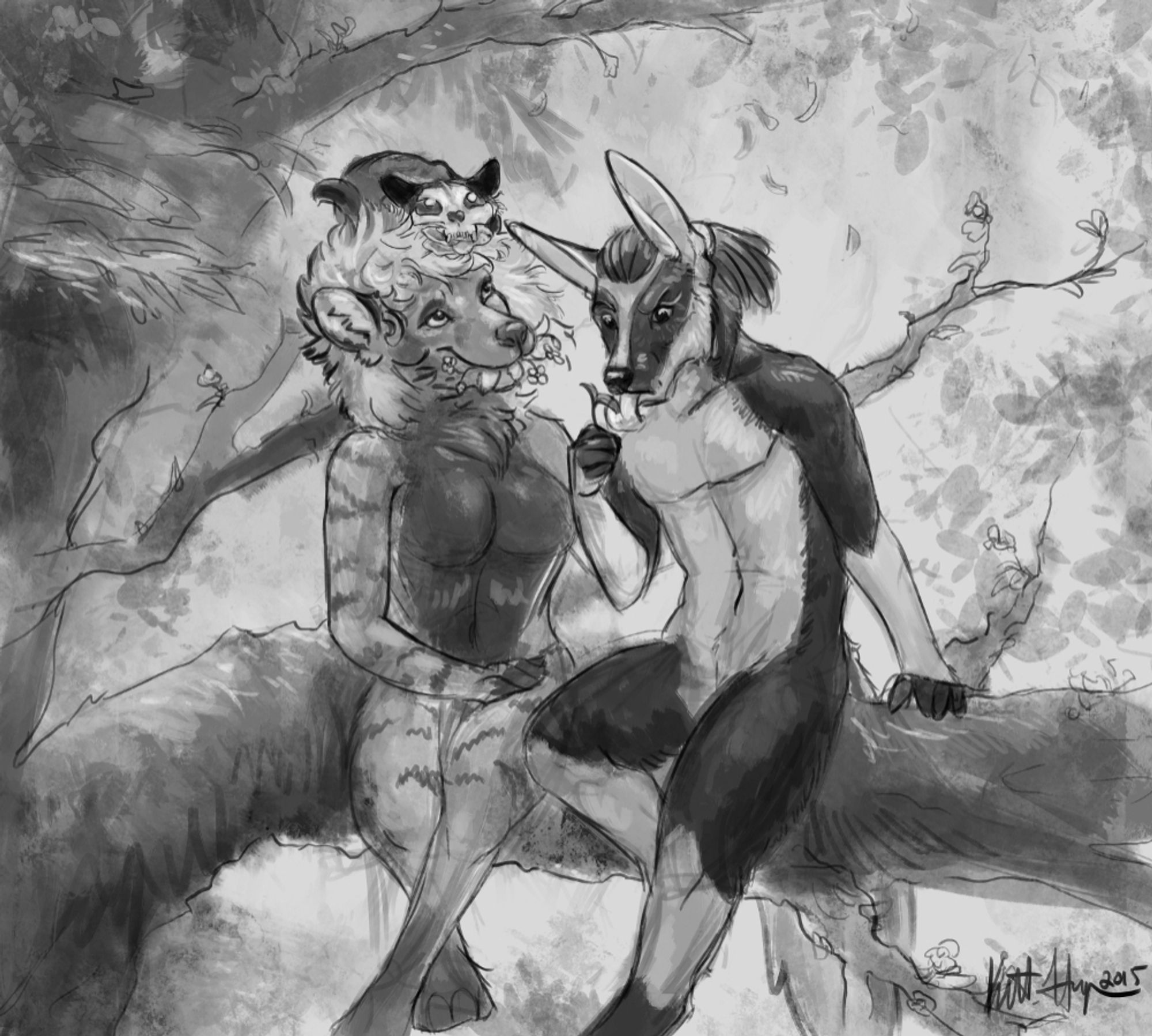 Drawing of @Ginathehyena.bsky.social and Wilson sitting in a tree. Wilson is tentatively tasting some leaves, while Gina is hosting Tidma the spookycat on their head. It's a scene of delight.