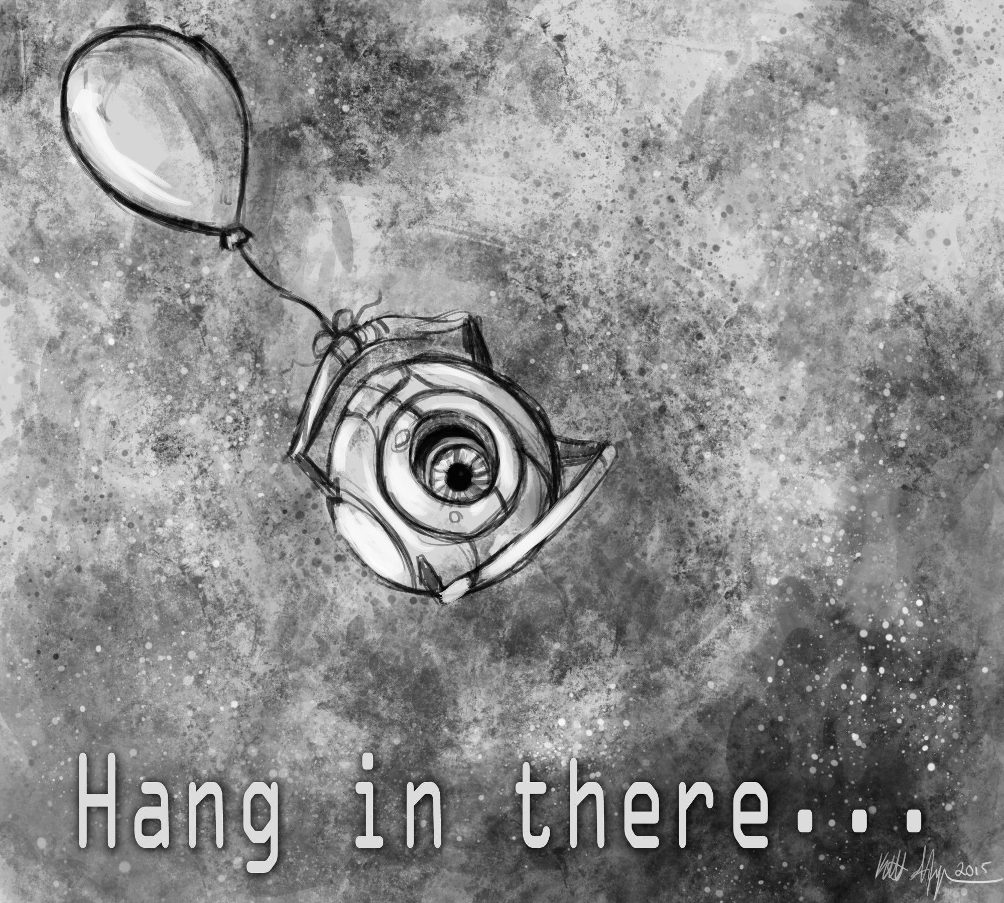 Space core from portal, drifting through space with a balloon. It says "hang in there"