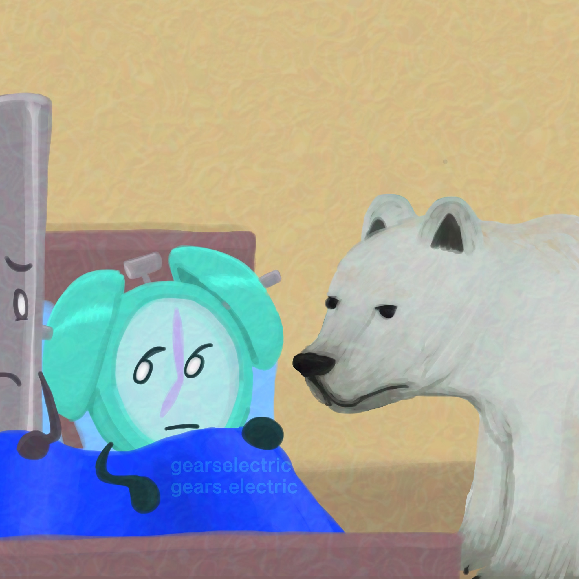 A metal straw character, named Metal Straw, and an alarm clock character, named Timey, are in their bed. Metal Straw is on the left side, and Timey on the right. It is 7 in the morning, as shown by Timey’s clock hands. There is a polar bear standing at their bedside. Timey glances aloofly at Metal Straw, while Metal Straw seems to be scared about this predicament.