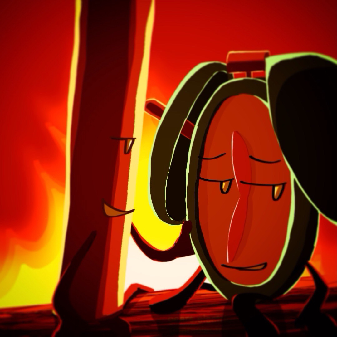 A metal straw character, named Metal Straw, and alarm clock character, named Timey, sit on a log, facing each other. Metal Straw holds onto the side of the Timey’s case lovingly with one hand, while Timey looks away. There is a large fire in the background.