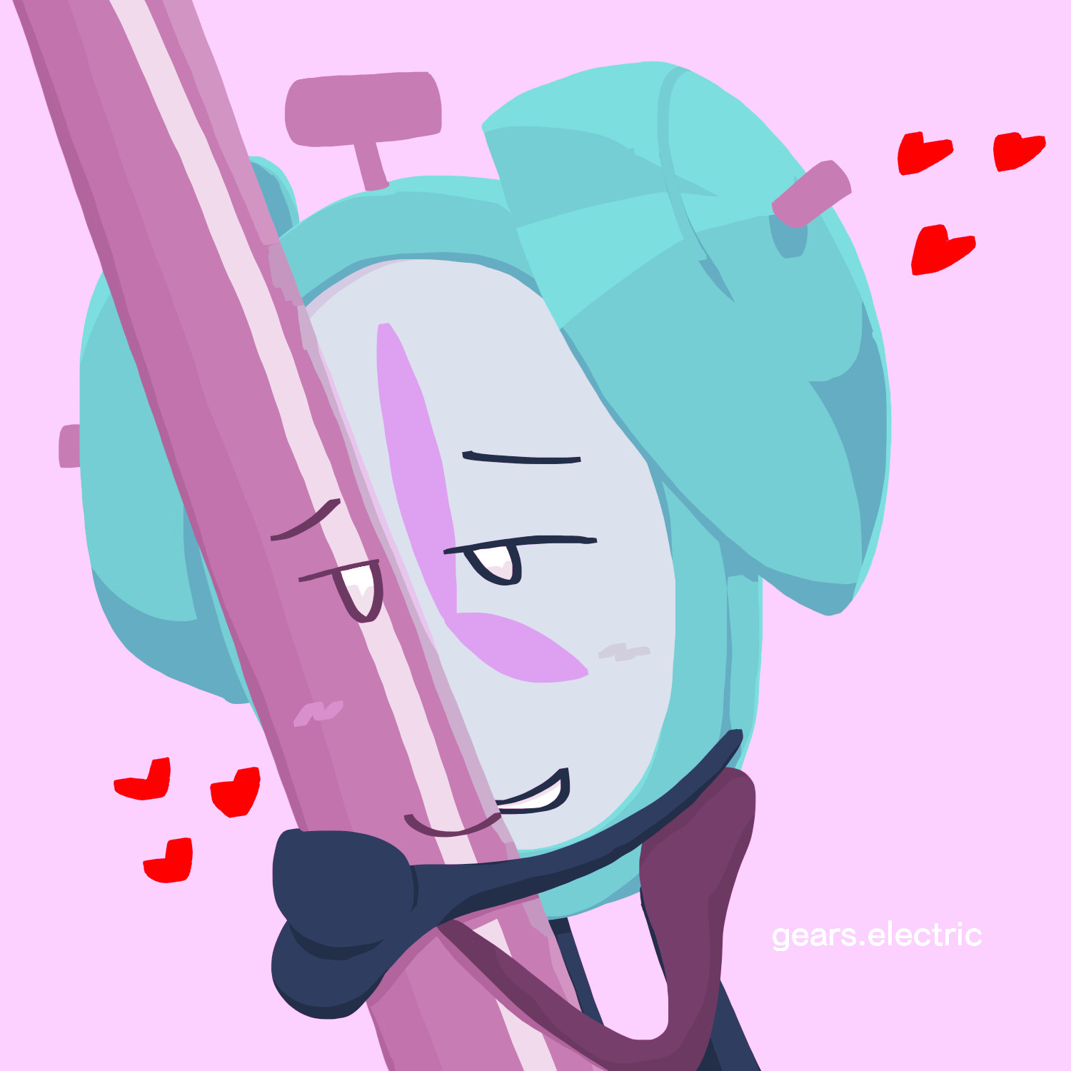 A metal straw character and a blue-green alarm clock character holding onto one another lovingly, staring into each others eyes. There are red hearts near them.