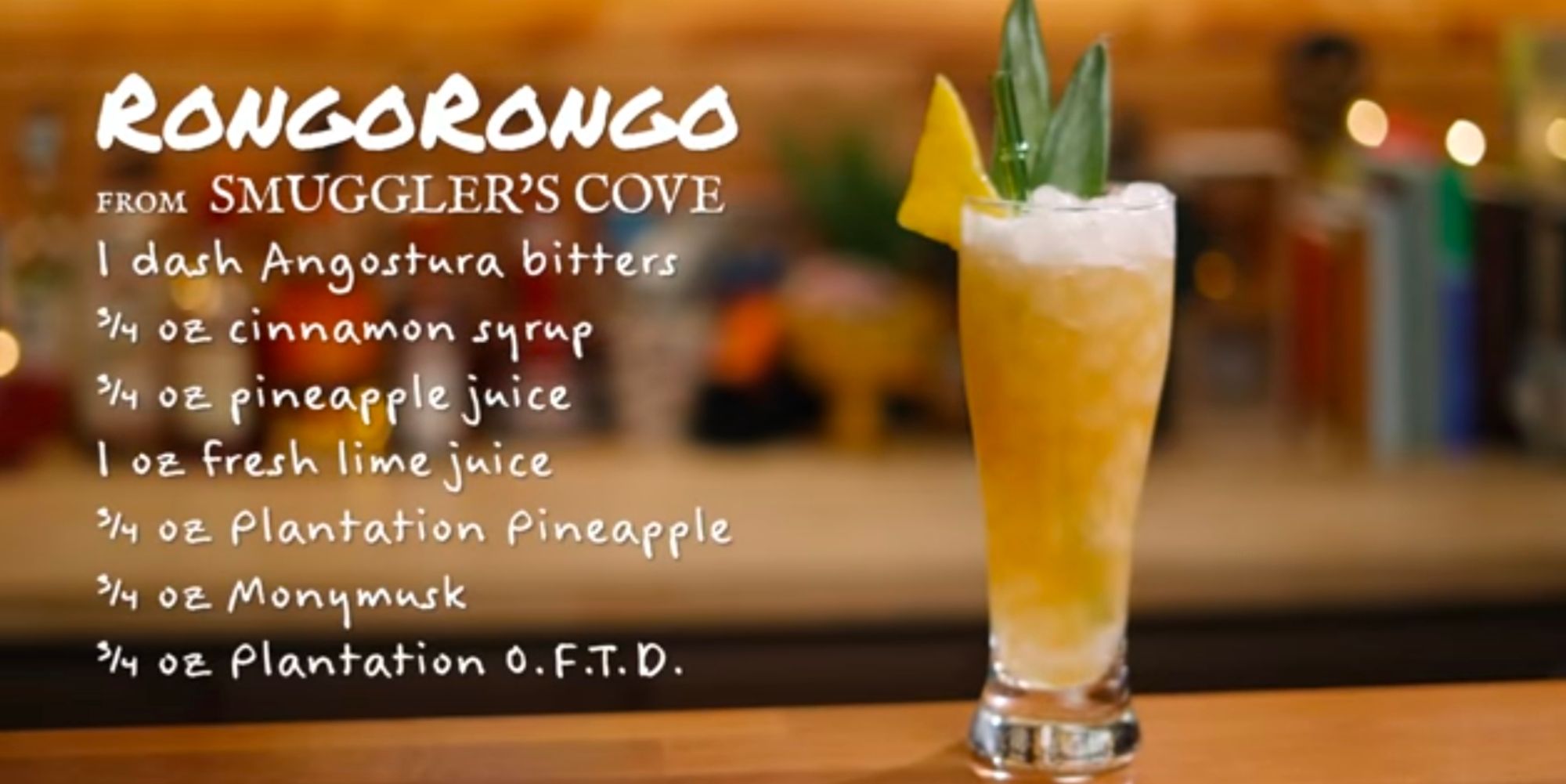 Rongorongo
From Smuggler's Cove
1 dash Angostura bitters
¾ oz cinnamon syrup
¾ oz pineapple juice
1 oz fresh lime juice
¾ oz Plantation (now Planteray) Pineapple
¾ oz Moneymusk
¾ oz Plantation OFTD