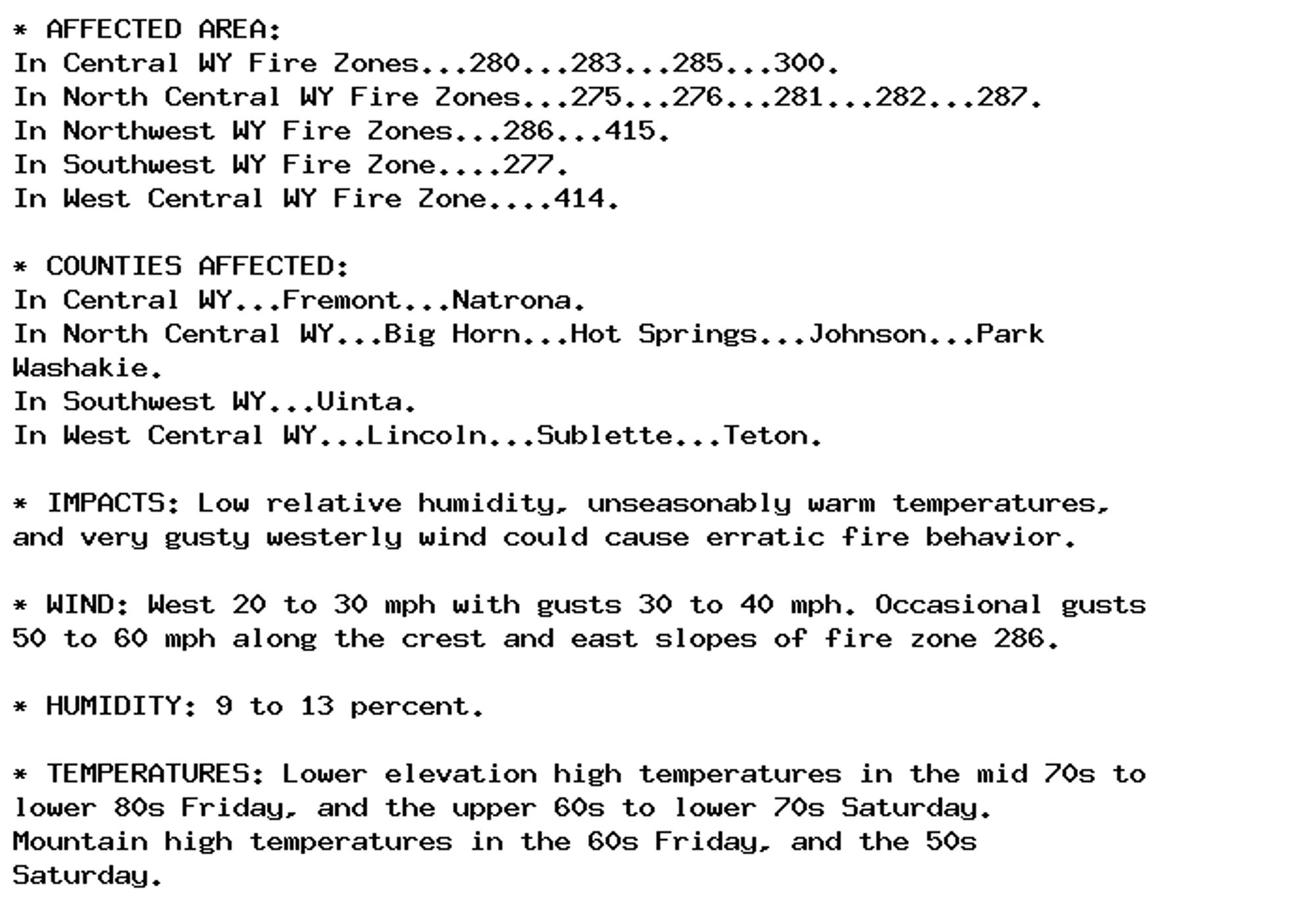 * AFFECTED AREA:
In Central WY Fire Zones...280...283...285...300.
In North Central WY Fire Zones...275...276...281...282...287.
In Northwest WY Fire Zones...286...415.
In Southwest WY Fire Zone....277.
In West Central WY Fire Zone....414.

* COUNTIES AFFECTED:
In Central WY...Fremont...Natrona.
In North Central WY...Big Horn...Hot Springs...Johnson...Park
Washakie.
In Southwest WY...Uinta.
In West Central WY...Lincoln...Sublette...Teton.

* IMPACTS: Low relative humidity, unseasonably warm temperatures,
and very gusty westerly wind could cause erratic fire behavior.

* WIND: West 20 to 30 mph with gusts 30 to 40 mph. Occasional gusts
50 to 60 mph along the crest and east slopes of fire zone 286.

* HUMIDITY: 9 to 13 percent.

* TEMPERATURES: Lower elevation high temperatures in the mid 70s to
lower 80s Friday, and the upper 60s to lower 70s Saturday.
Mountain high temperatures in the 60s Friday, and the 50s
Saturday.