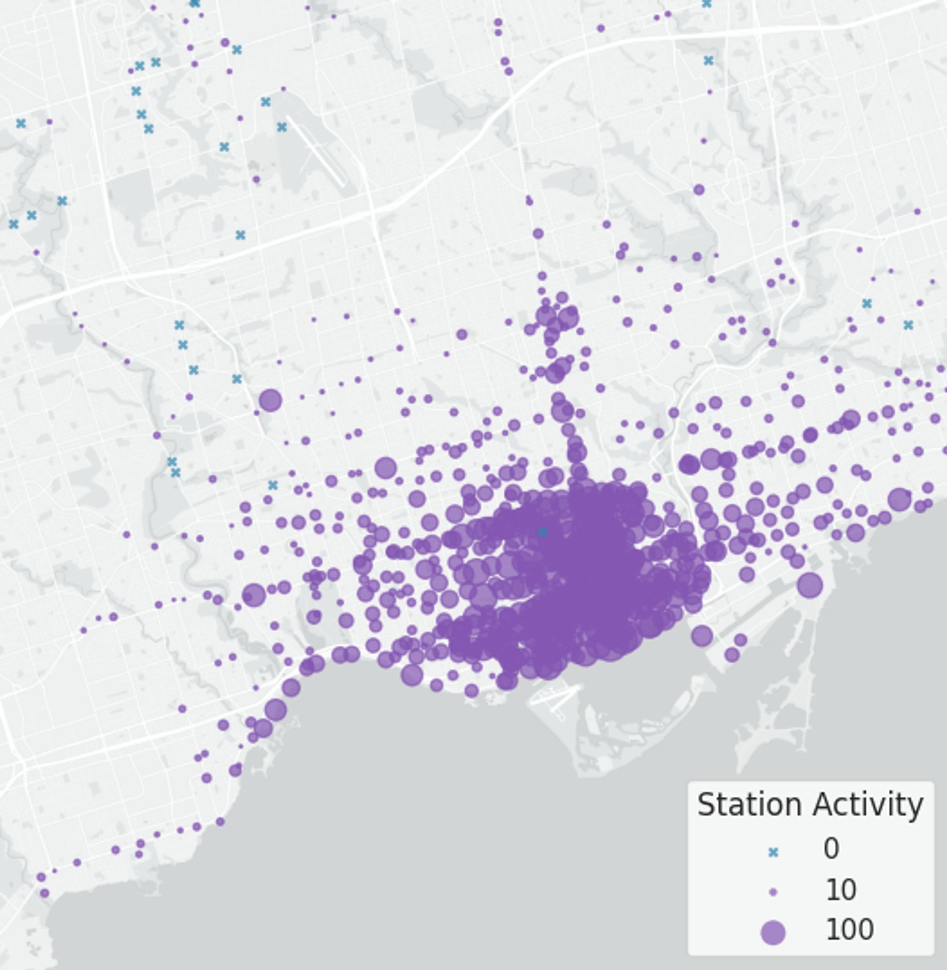 Map of stations with circle radii corresponding to number of trips yesterday