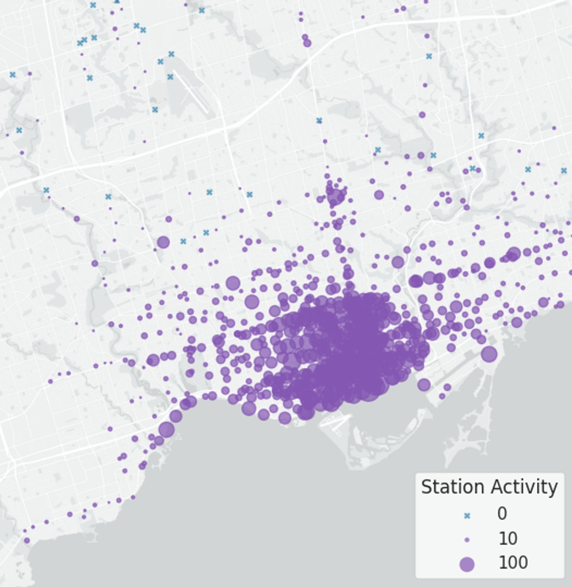 Map of stations with circle radii corresponding to number of trips yesterday