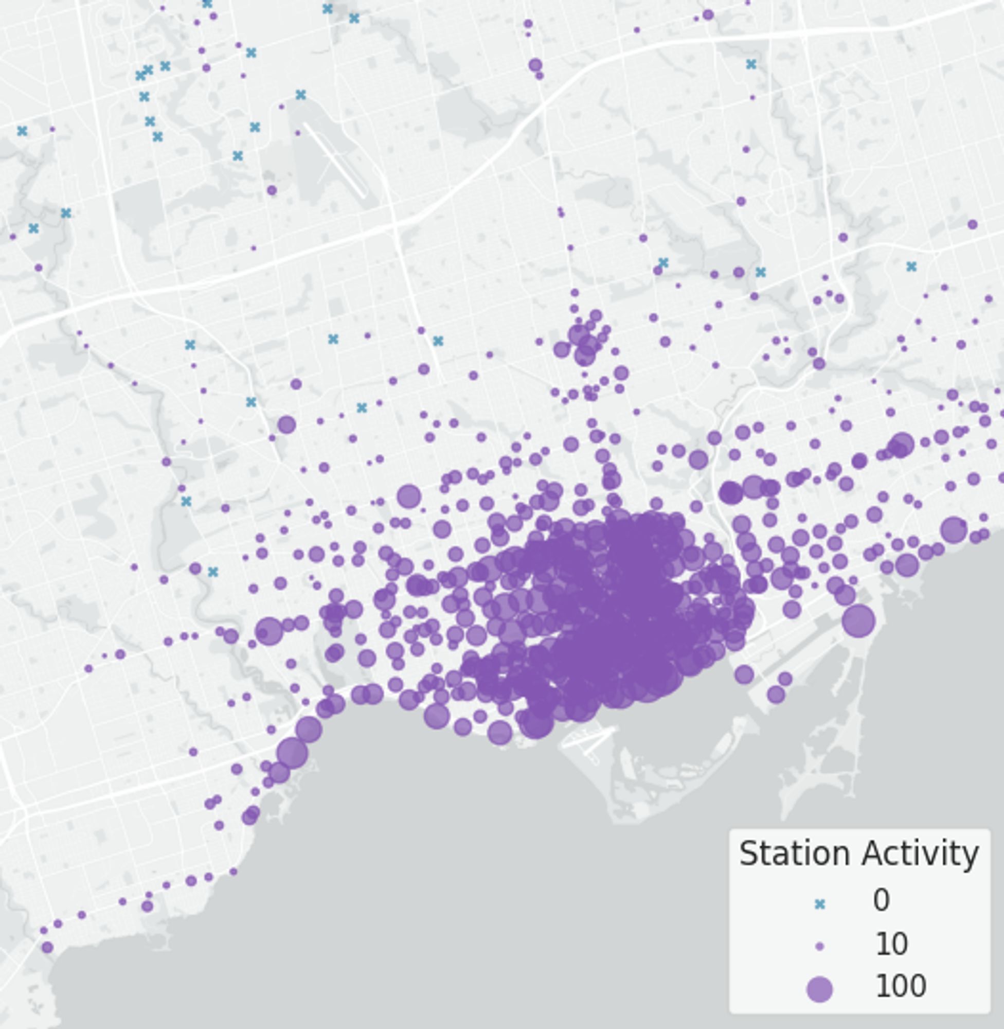 Map of stations with circle radii corresponding to number of trips yesterday