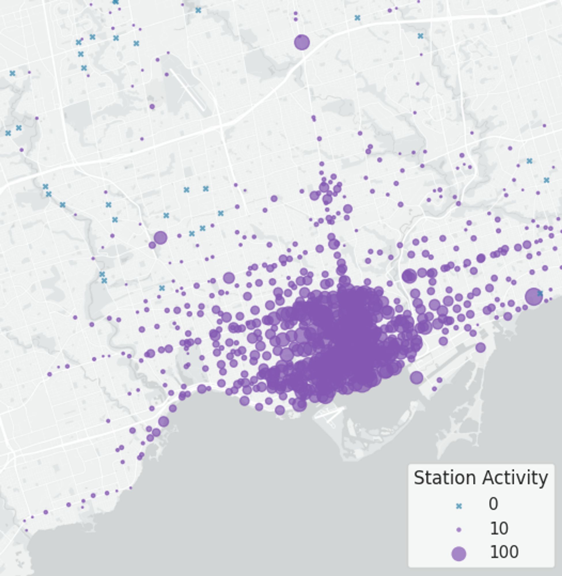 Map of stations with circle radii corresponding to number of trips yesterday