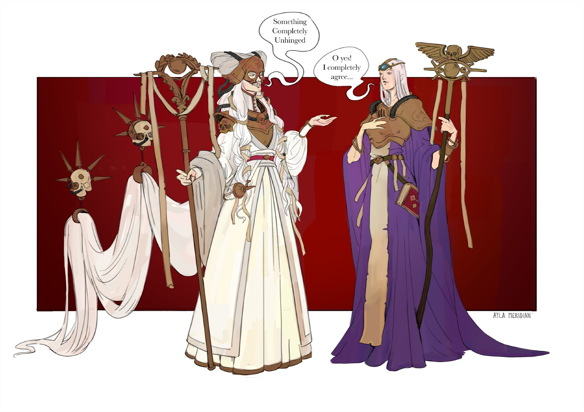 two navigator ladies from the warhammer 40k universe, one in white, one in purple, the one in white has absurdly long hair (it needs to be held up by servo skulls).  There are speech bubbles, the one in white says "something completely unhinged" and the one in purple replies "oh I completely agree". 