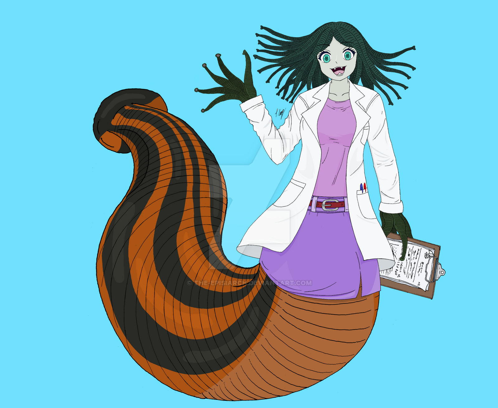 Dr Delilah the Leech Monster Girl Doctor, wearing a lab coat on top of a smart casual outfit, she is holding a clip board in one of her hands, her hands have leeches as fingers