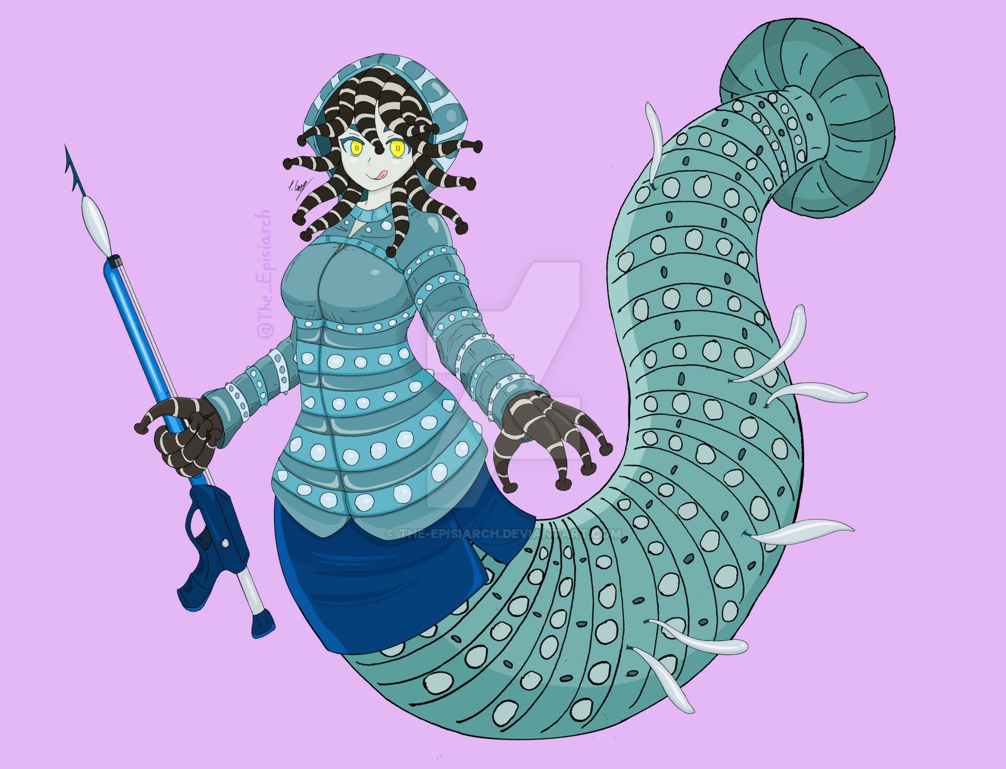 Yuzhi the Piscicolid Monster Girl, complete with leech "hair", leech "fingers", and a speargun