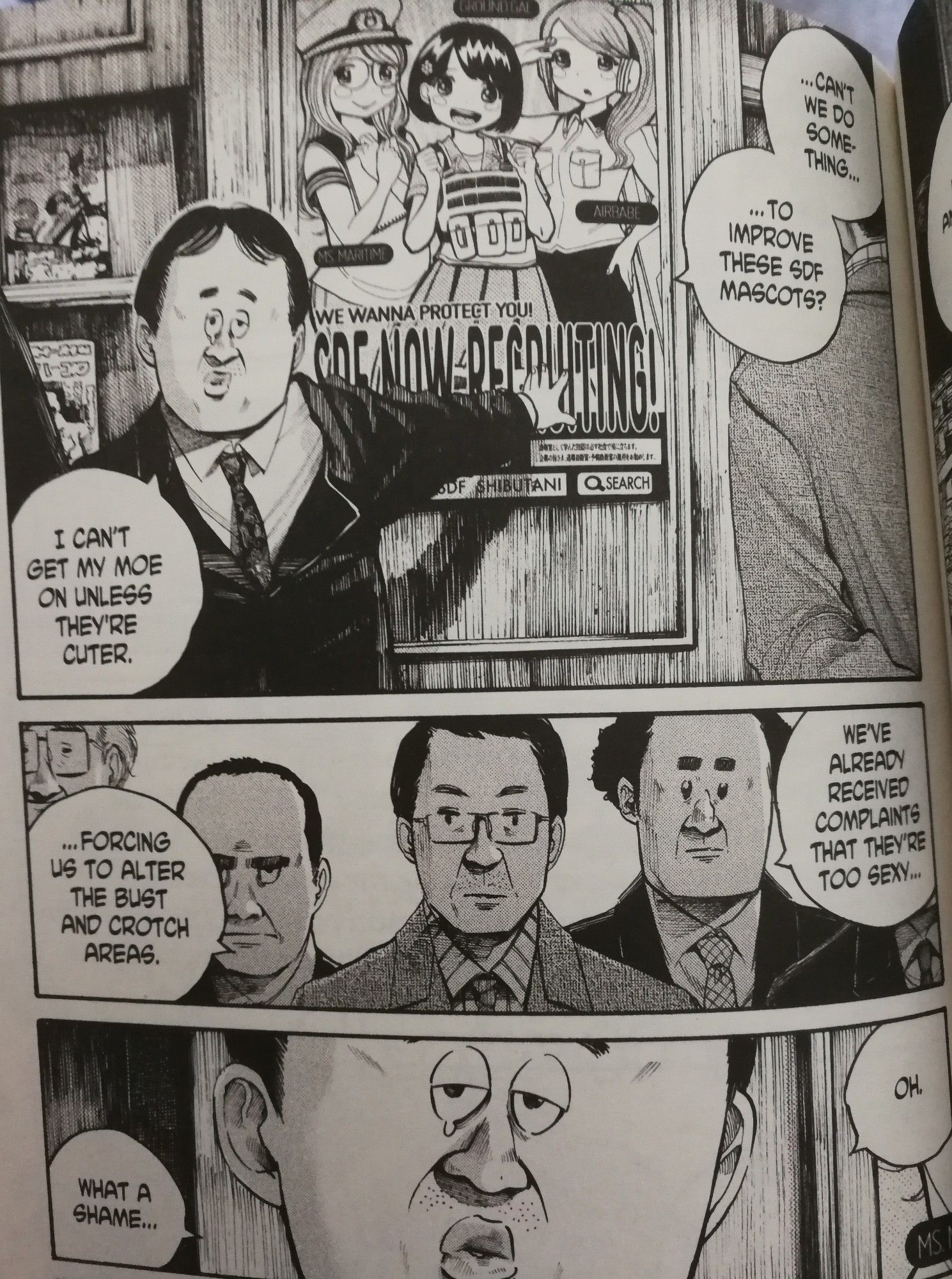 A page from volume 6 of Dead Dead Demon's Dededede Destruction where the PM of Japan suggests changes to the JSDF mascot anime girls to make them more moe, but his advisors said they have been redesigned because of complaints about them being too sexualised, and the PM being disappointed about that.