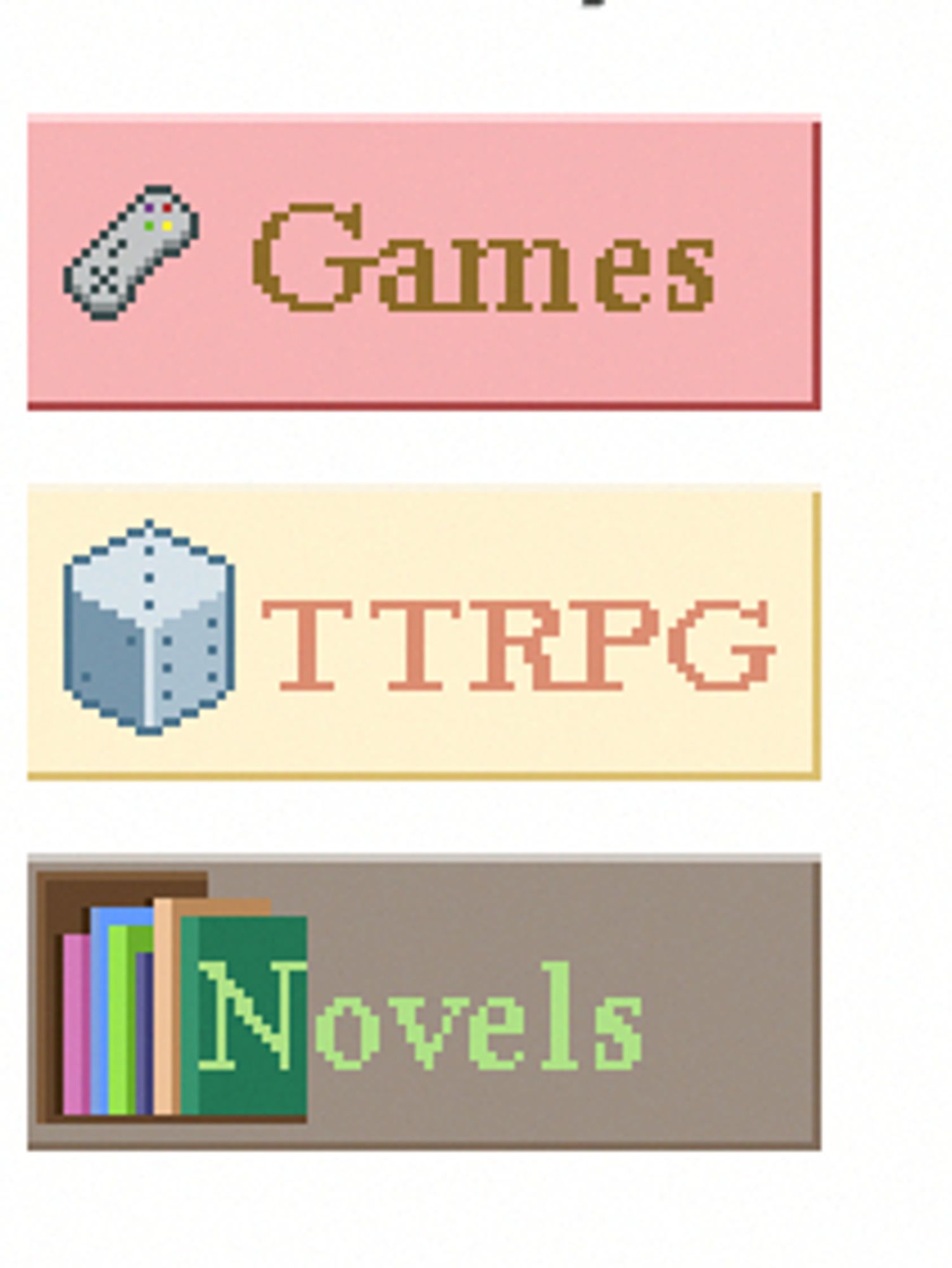 Blog buttons touting "games" "ttrpg" and "Novels"