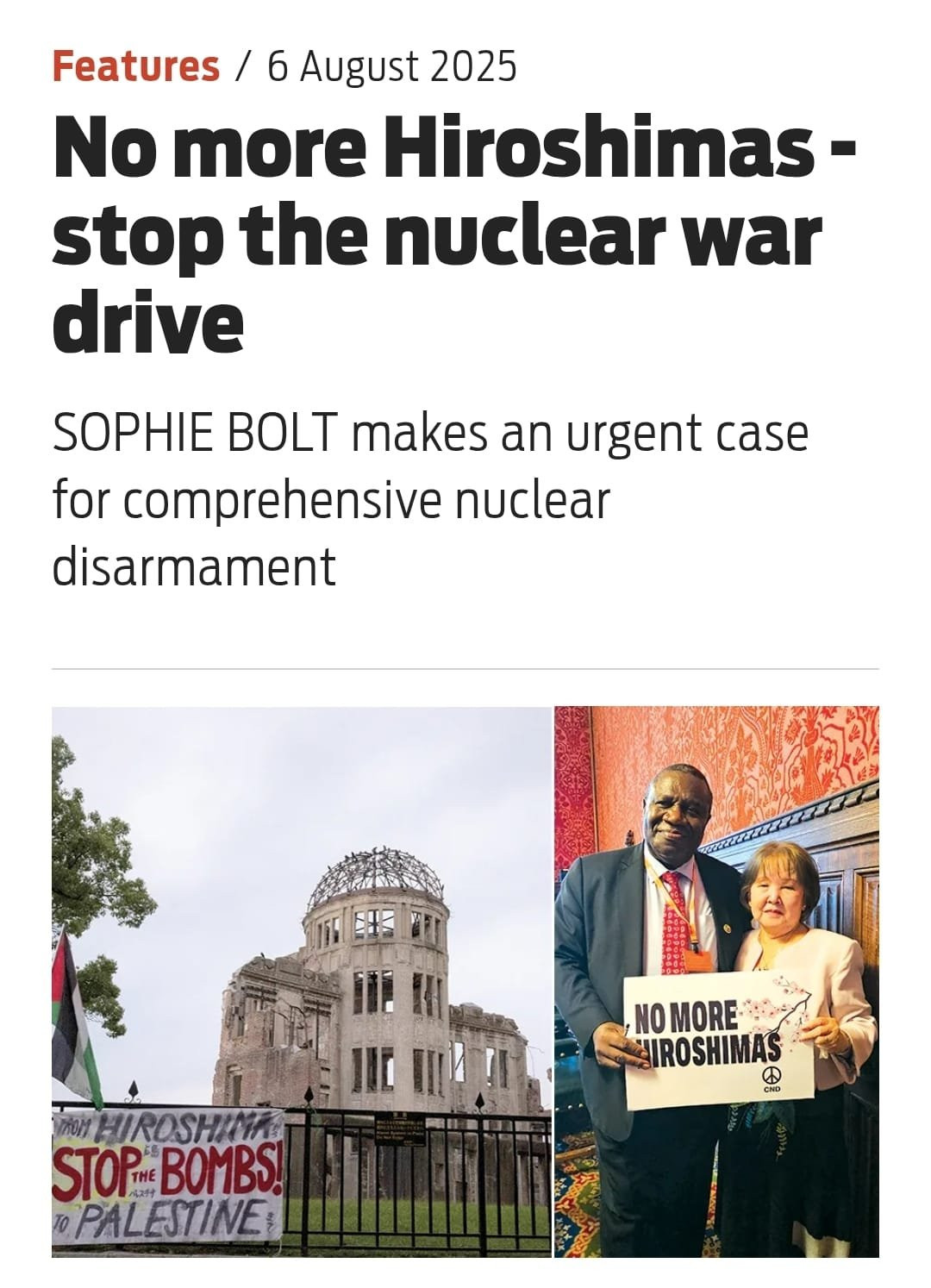 Screenshot of article by CND General Secretary Sophie Bolt in The Morning Star. Headline reads "No more Hiroshimas - stop the nuclear war drive."