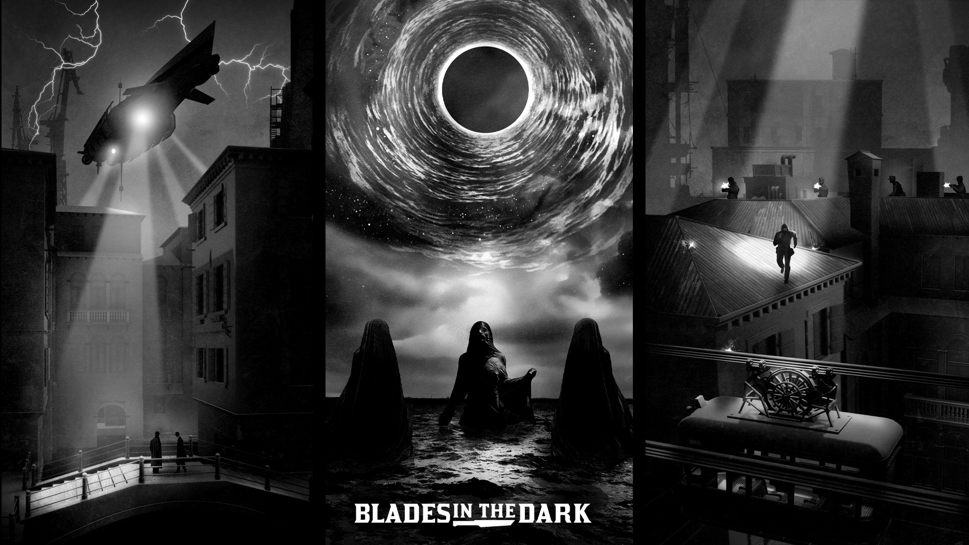 A triptych of images depicting scenes from Blades in the Dark, including an industrial-age airship, a dark ritual in the void sea, and a rooftop chase.