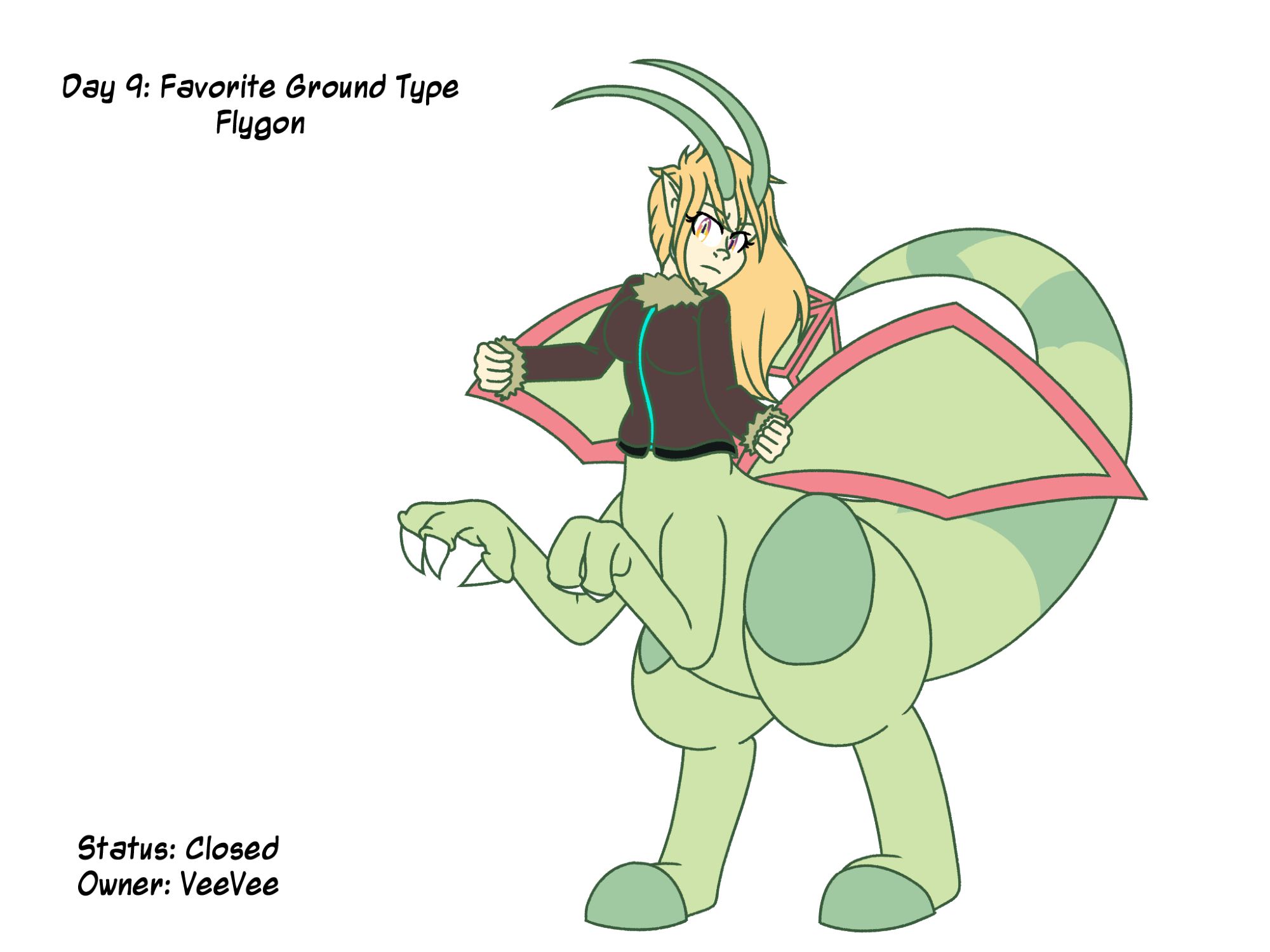 Pokemonster Challenge - Flygon: This was a Flygon-taur I drew as a part of an art challenge I streamed (Link: https://youtube.com/playlist?list=PLqmXAOgeJgRxIv7eqczcrD52ArVF78kXE&si=hiMS8EHkiCoBwdeJ). She was ultimately adopted by VeeVee on Toyhouse.