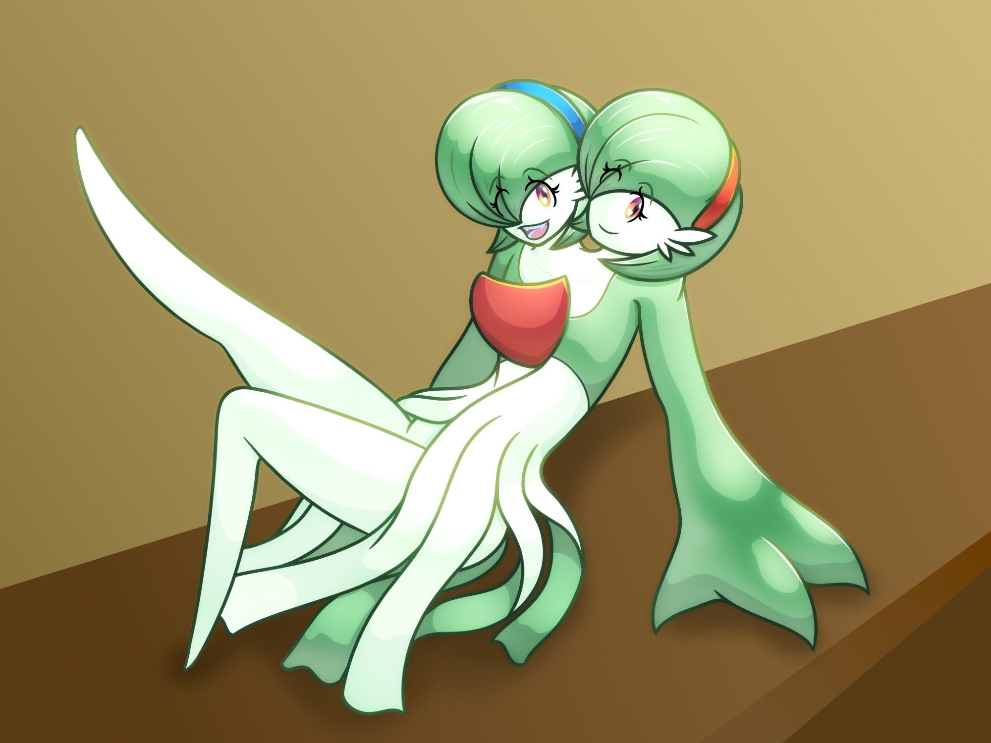 Abby & Eva Pin-Up (Old Design): Abby & Eva are a two-headed Gardevoir that was designed as an excuse to practice different facial expressions. They're a motherly alpha Pokemon who bartenders for a bar that only offers mead.