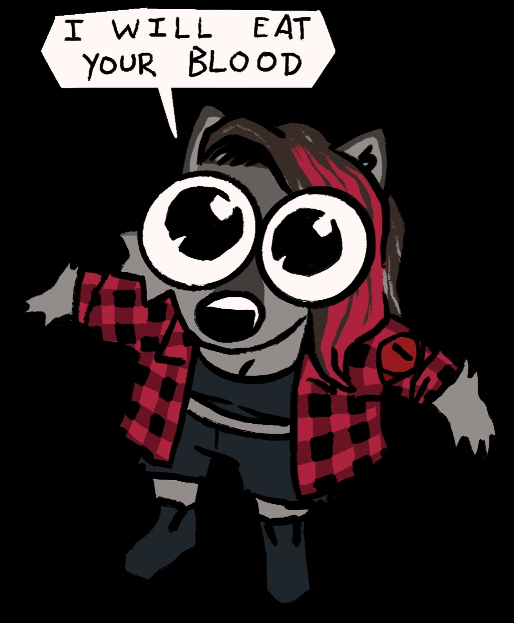 a wolf in shorts sports bra, black shoes and red flannel saying "i will eat your blood"