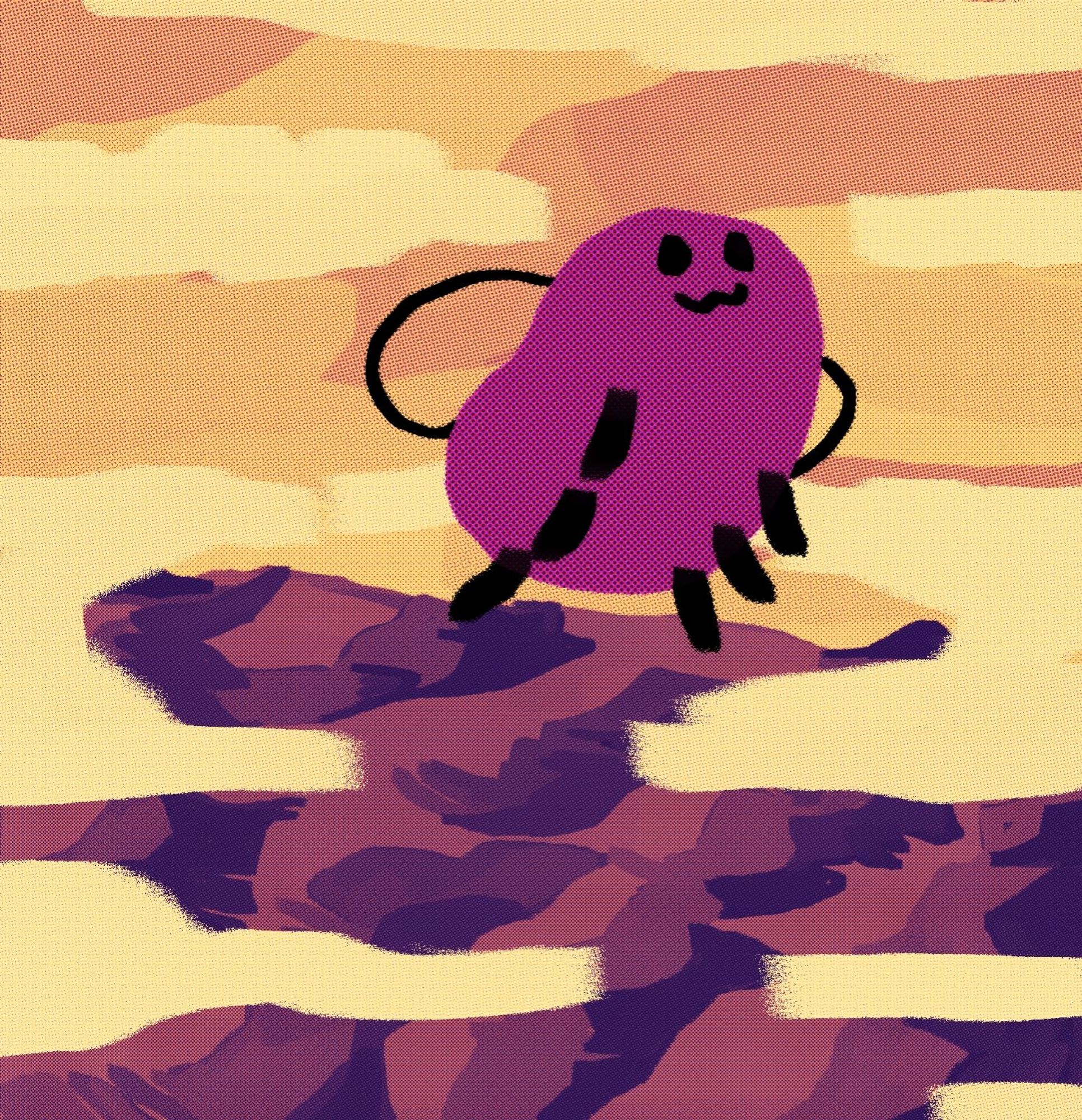 A happy purple Egg bug flying up into the sky from a yellow and purple planet.