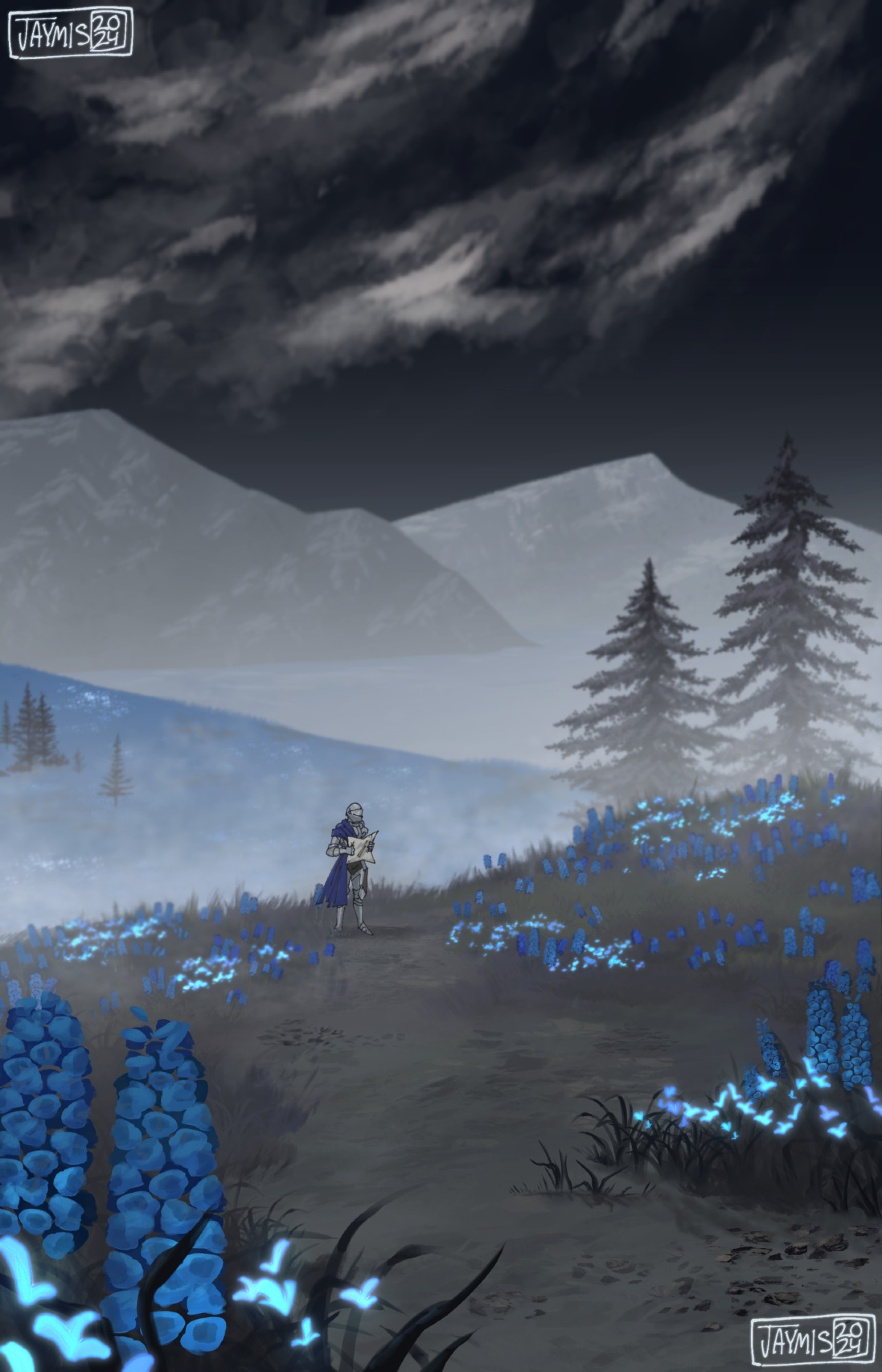 A knight in silver armor with a blue sash stands in the distance. They are in the middle of a field of blue flowers. Further away, blue fields can be seen backdropped by the ocean and mountains. 