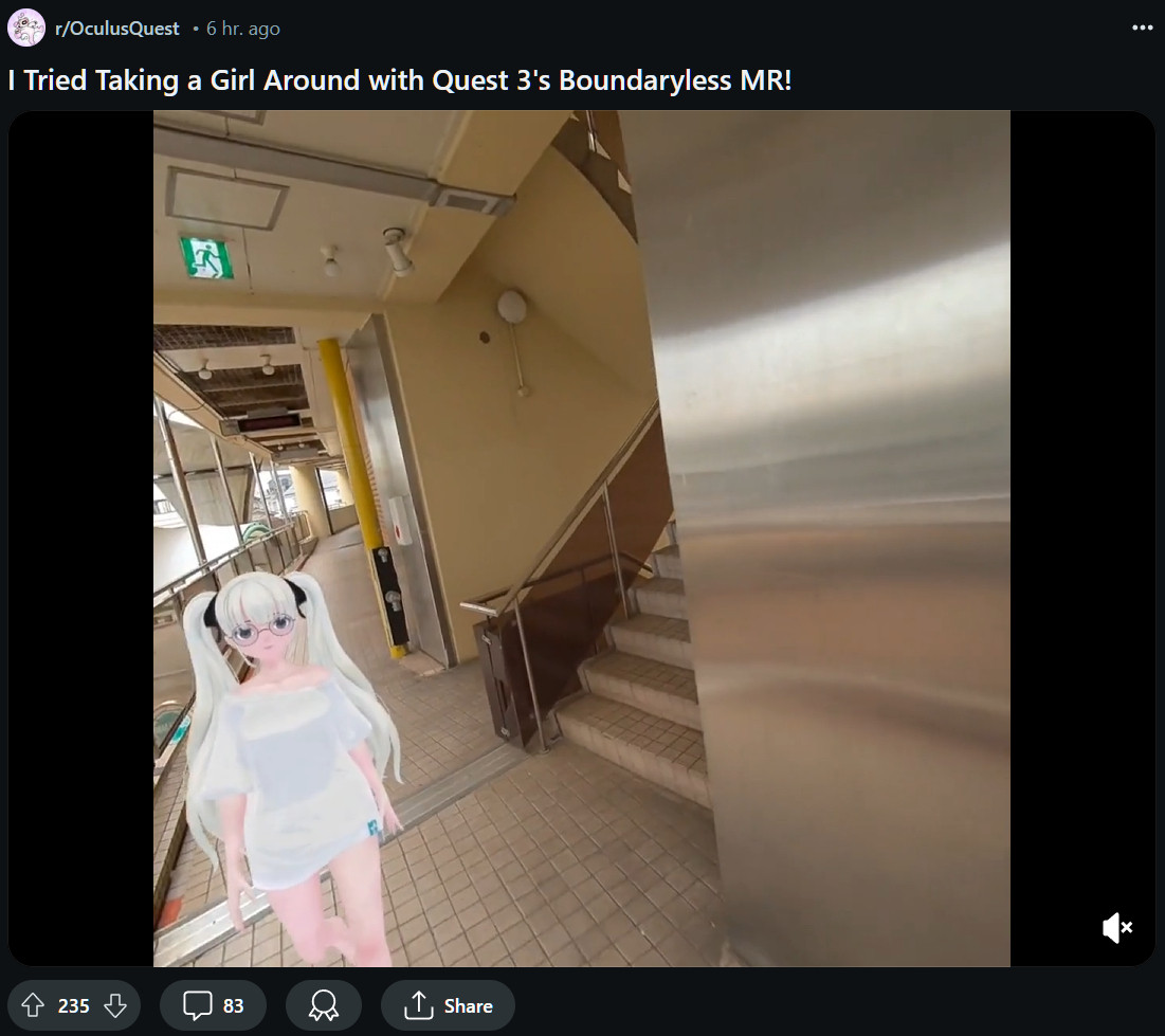 r/oculusquest post titled "I tried taking a girl around with quest 3's boundaryless MR!" and it's a picture of a real life hallway with an animated anime girl apparently following the guy around