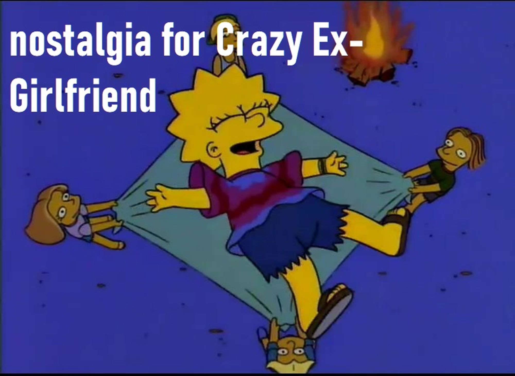 Lisa Simpson in episode 7x25 enjoying being thrown into her friends, basking in popularity. Captioned "nostalgia for Crazy Ex-Girlfriend"