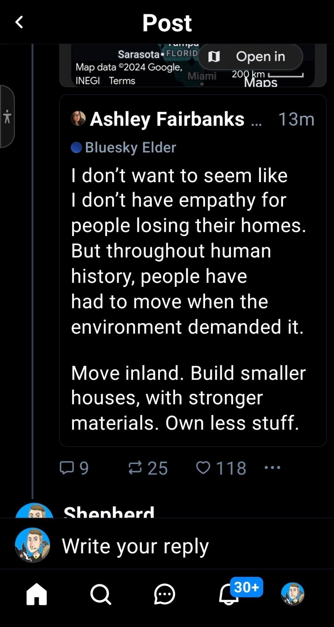 a post from ashley fairbanks that reads "I don't want to seem like I don't have empathy for people losing their homes. But throughout human history, people have had to move when the environment demanded it. Move inland. Build smaller houses, with stronger materials. Own less stuff."