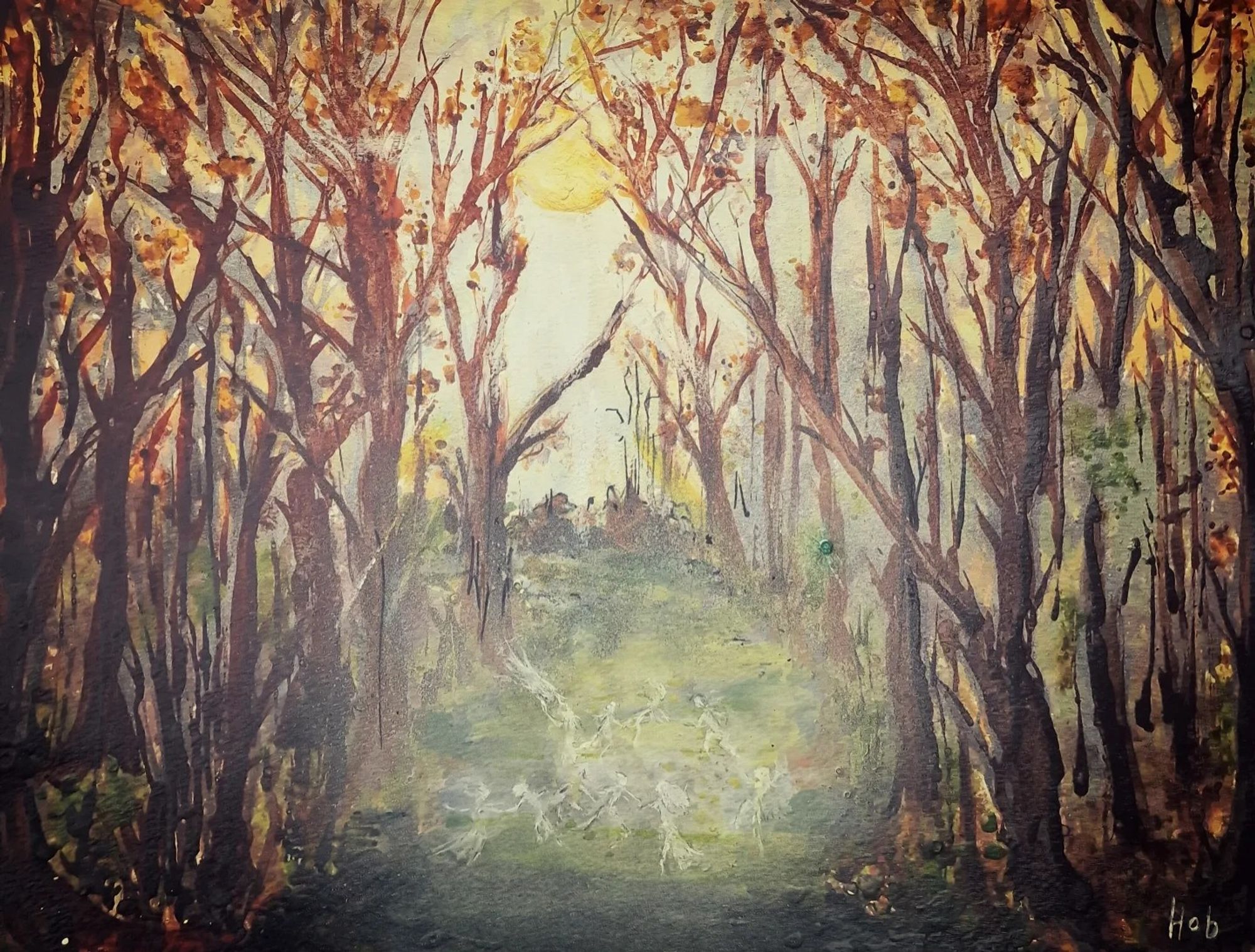 An ink painting of bright, misty autumn woodland, with a whirl of pale wispy hobs dancing is a chaotic circle.