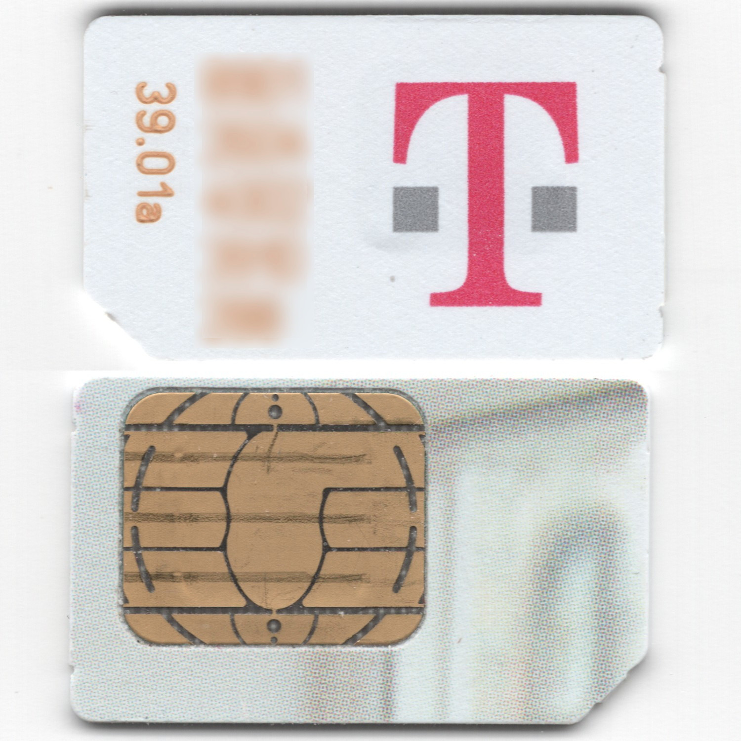 Back and front of a full-sized T-Mobile SIM card, "39.01a" vintage.  The copper contacts have three wear lines and other scratches, plus some dust in the crevices.  The SIM card number is blurred.