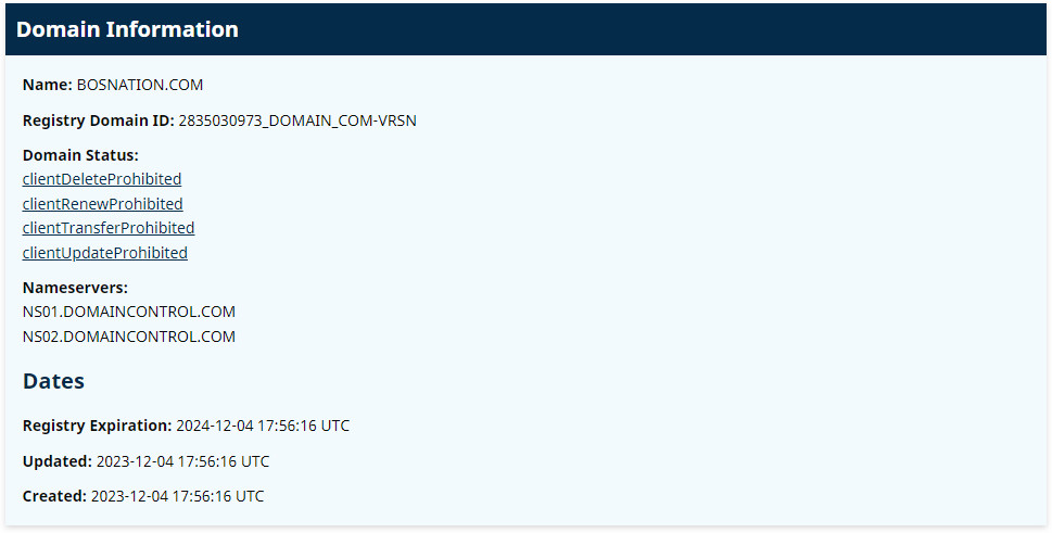 ICANN Lookup result for "bosnation.com".  The domain was first registered on "2023-12-04" at "17:56:16 UTC".