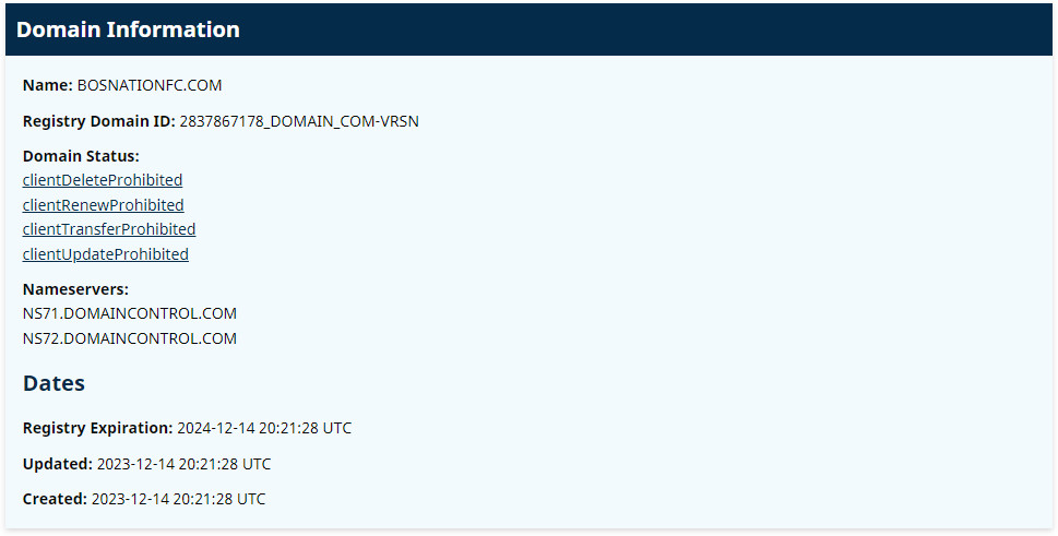 ICANN Lookup result for "bosnationfc.com".  The domain was first registered on "2023-12-14" at "20:21:28 UTC".