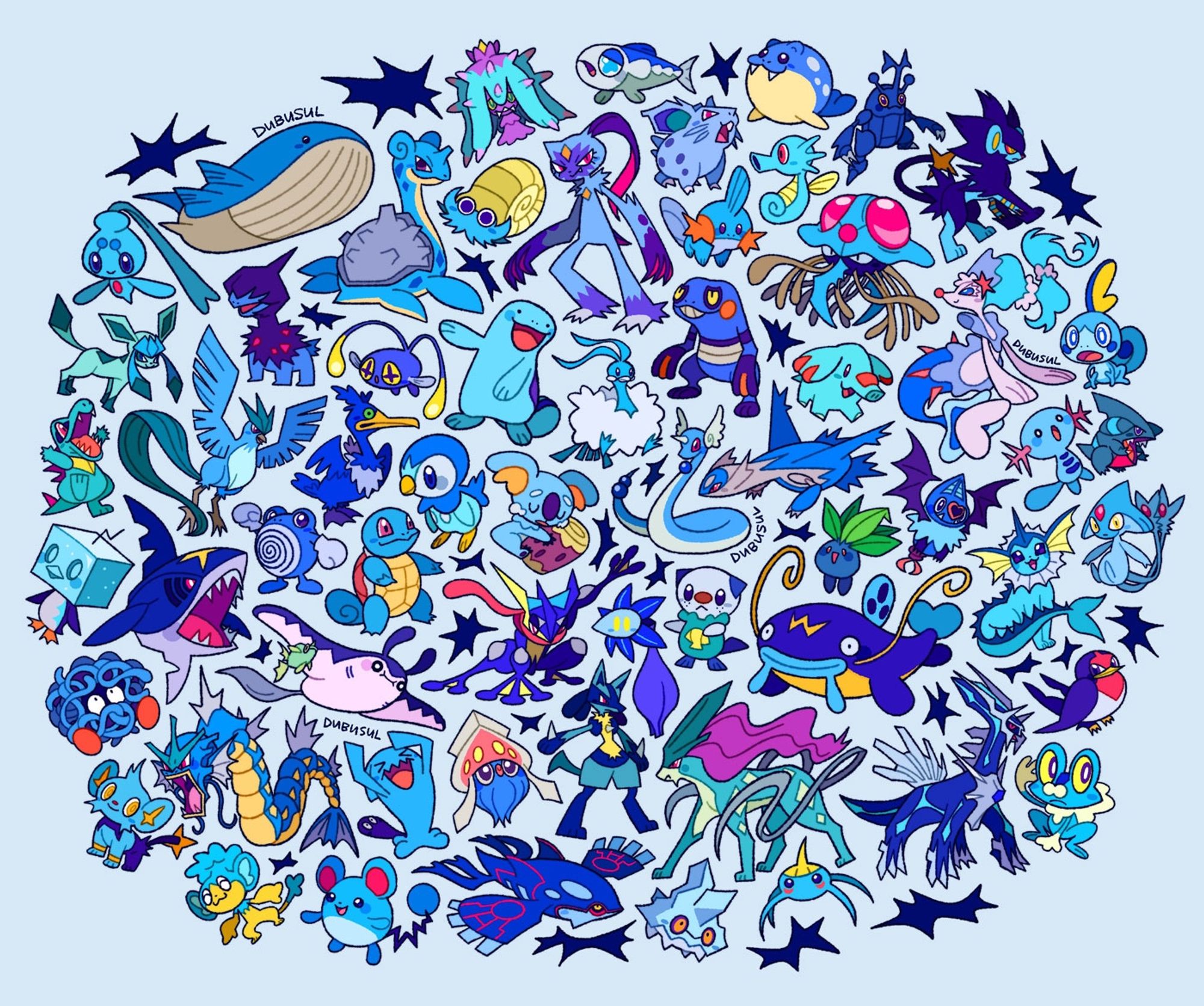 An illustrated collection of blue pokemon in a tight circle. Their shapes fit between one another like puzzle pieces.