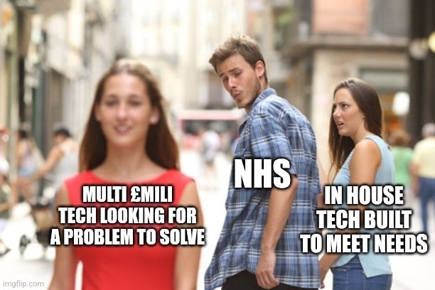 "Red dress meme" A man labelled "NHS" looks back at a woman in red dress labelled "Multi £mill tech looking for a problem to solve" As another woman labeled "In-house tech built meet needs" looks back at him in shock.