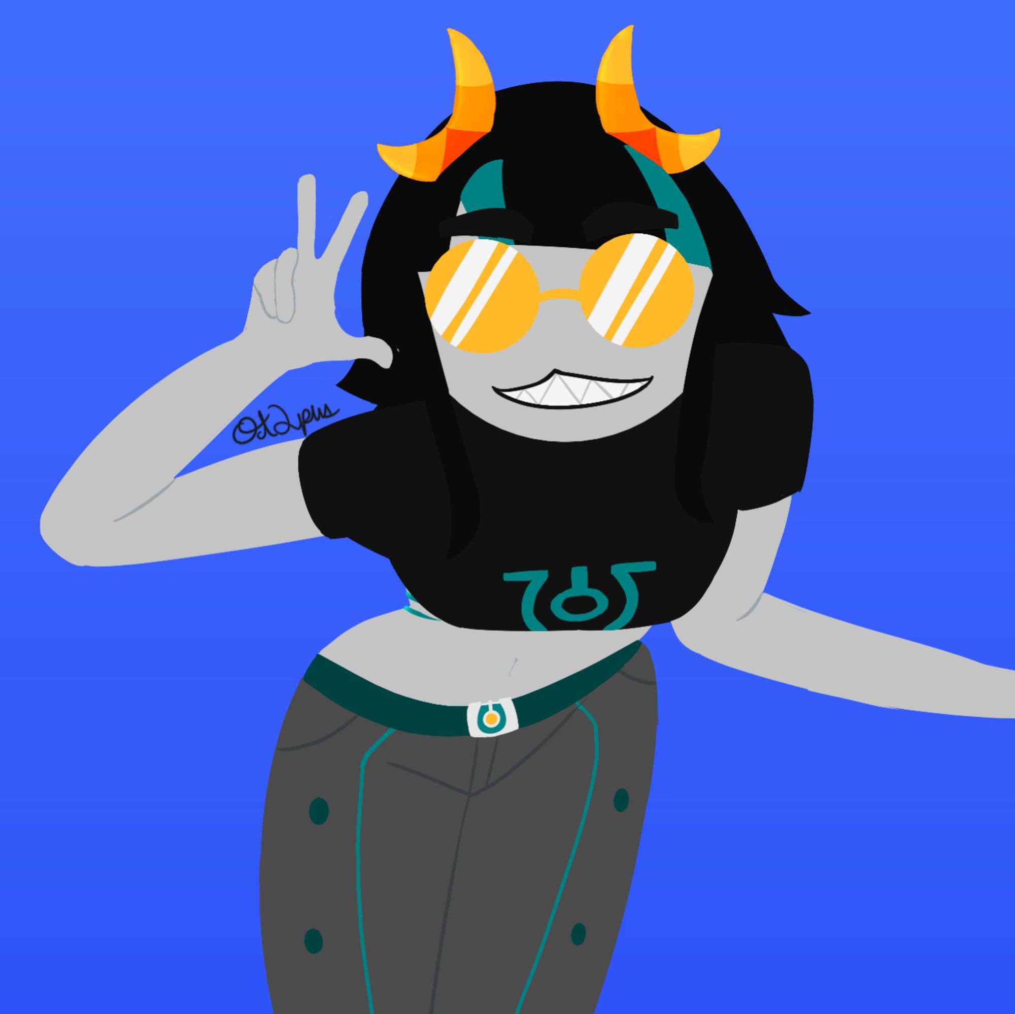 A homestuck troll with big yellow circle glasses, a tight fitted crop top and poofy pants throws a peace sign at the camera. she is leaning forward. Her horns are shaped like crescents, she is teal blooded and has teal accents in her neat, wide short hime cut bob.