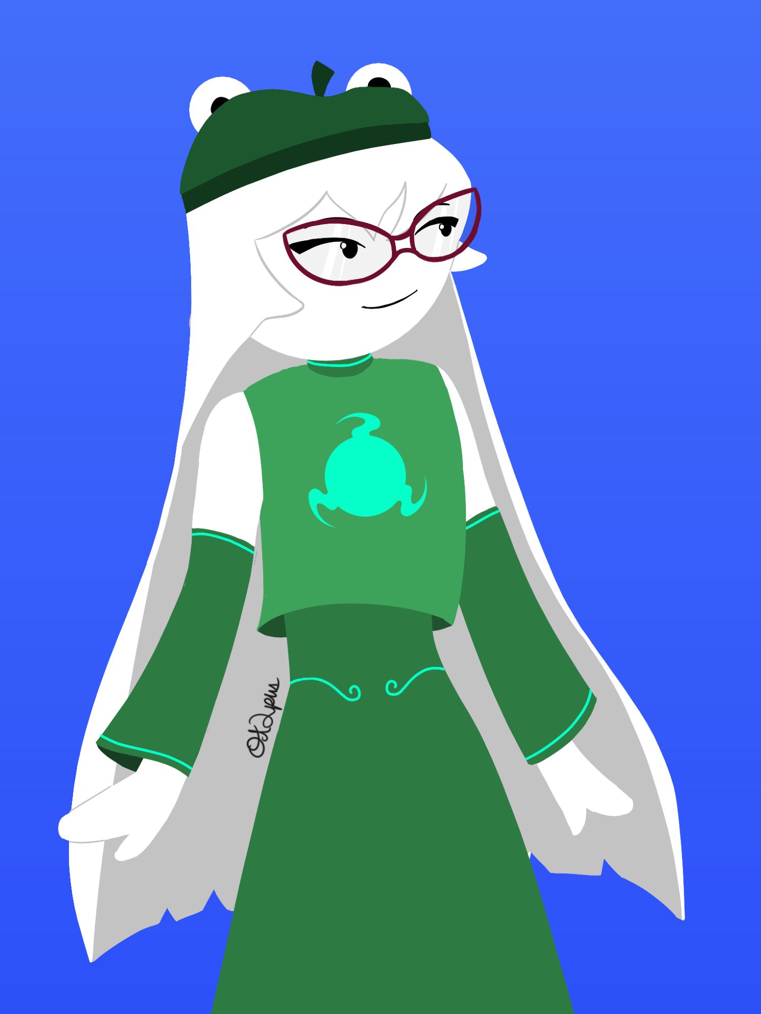 a (homestuck, #FFFFFF white) human in a customized godtier outfit that features a high neck, knee length sleeveless dress under a crop top, deattached sleeves and purple-redish heels. She has large glasses and a googly eye frog hat, her hair is incredibly long and straight.