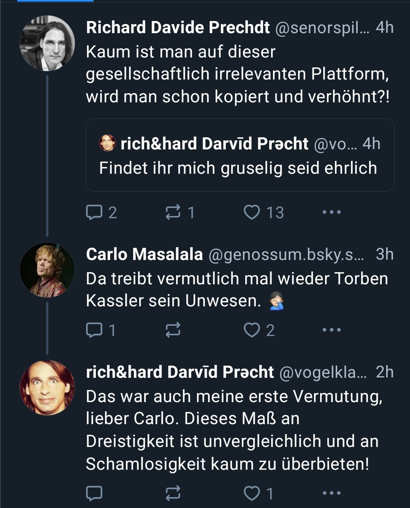 Screenshot: ein als Precht verkleideter Account aus der Bubble regt sich über einen anderen als Precht verkleideten Account aus der Bubble auf, ein als Carlo Masala verkleideter Account aus der Bubble sagt "vermutlich treibt Torben Kassler wieder sein Unwesen", darauf wieder ein anderer Precht usw