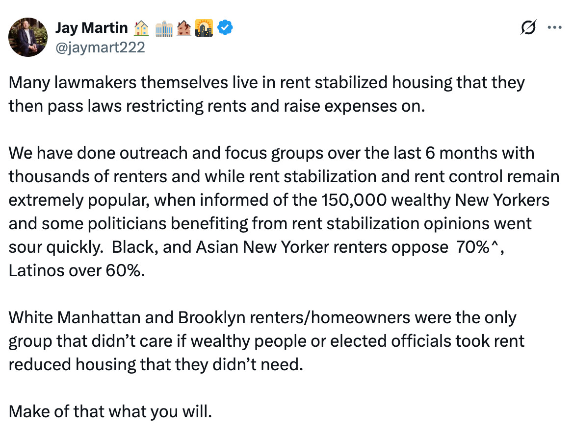 Tweet from Jay Martin: Many lawmakers themselves live in rent stabilized housing that they then pass laws restricting rents and raise expenses on.  

We have done outreach and focus groups over the last 6 months with thousands of renters and while rent stabilization and rent control remain extremely popular, when informed of the 150,000 wealthy New Yorkers and some politicians benefiting from rent stabilization opinions went sour quickly.  Black, and Asian New Yorker renters oppose  70%^, Latinos over 60%. 

White Manhattan and Brooklyn renters/homeowners were the only group that didn’t care if wealthy people or elected officials took rent reduced housing that they didn’t need. 

Make of that what you will.
