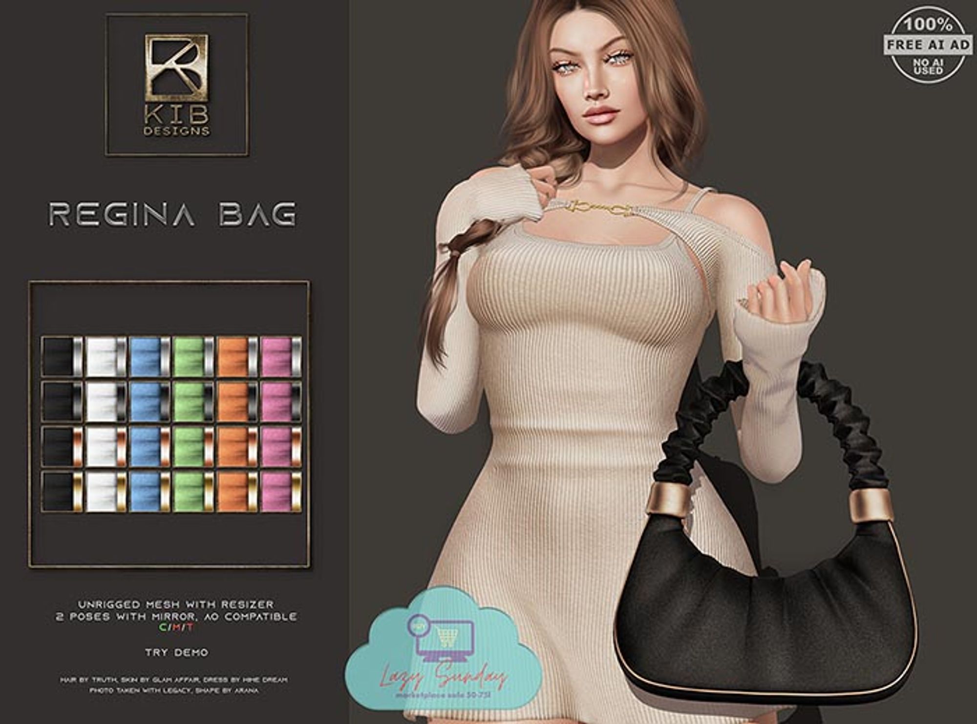 Adult woman showing off her purse in second life. AD states it's free of AI, meaning no abnormal shortcuts were used in making something 100% original.