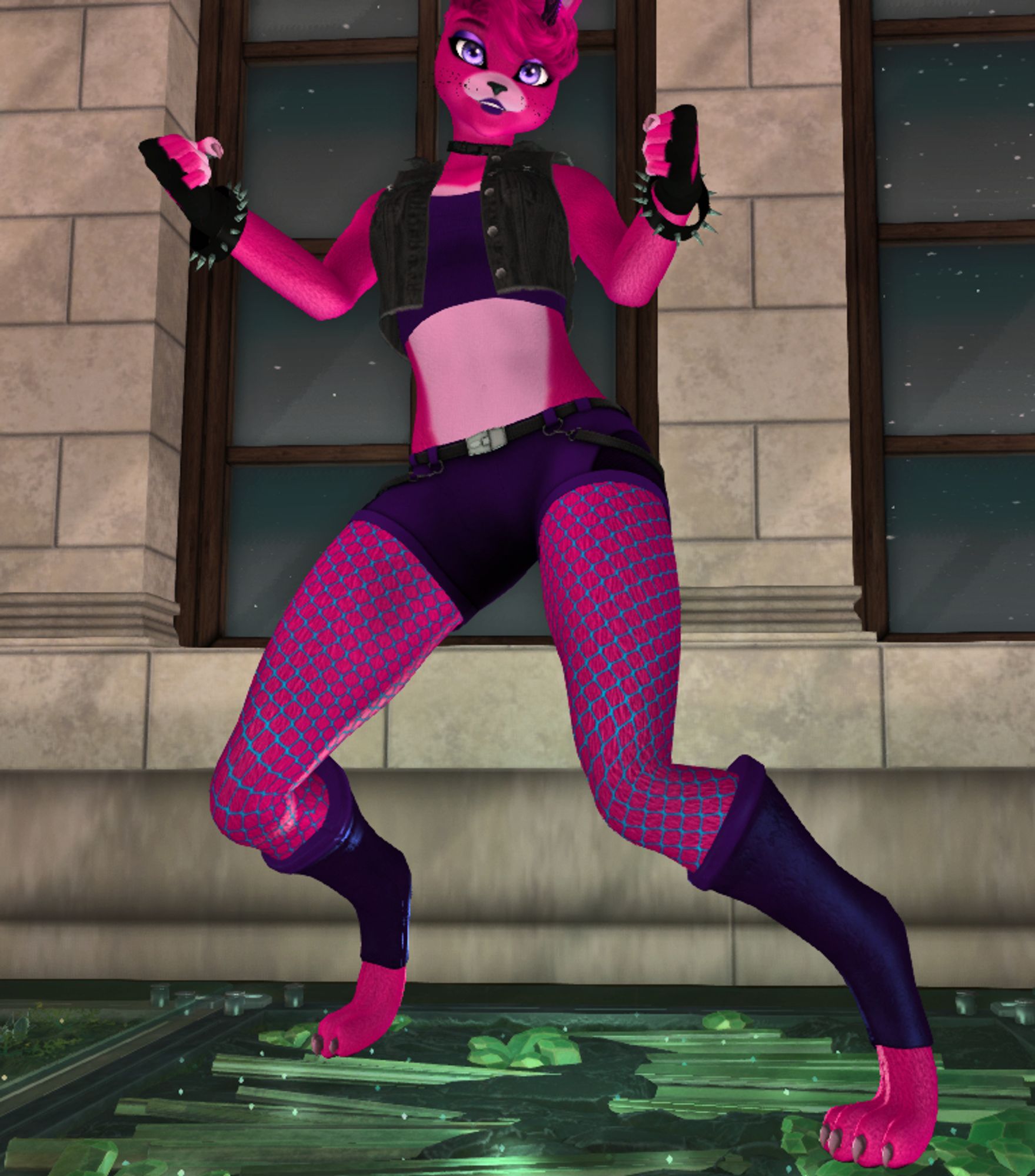 Bonnet from FNaF in her rock outfit with fishnets. Old pic since she has now green eyes to make her stand out now. Here she got her old purple eyes