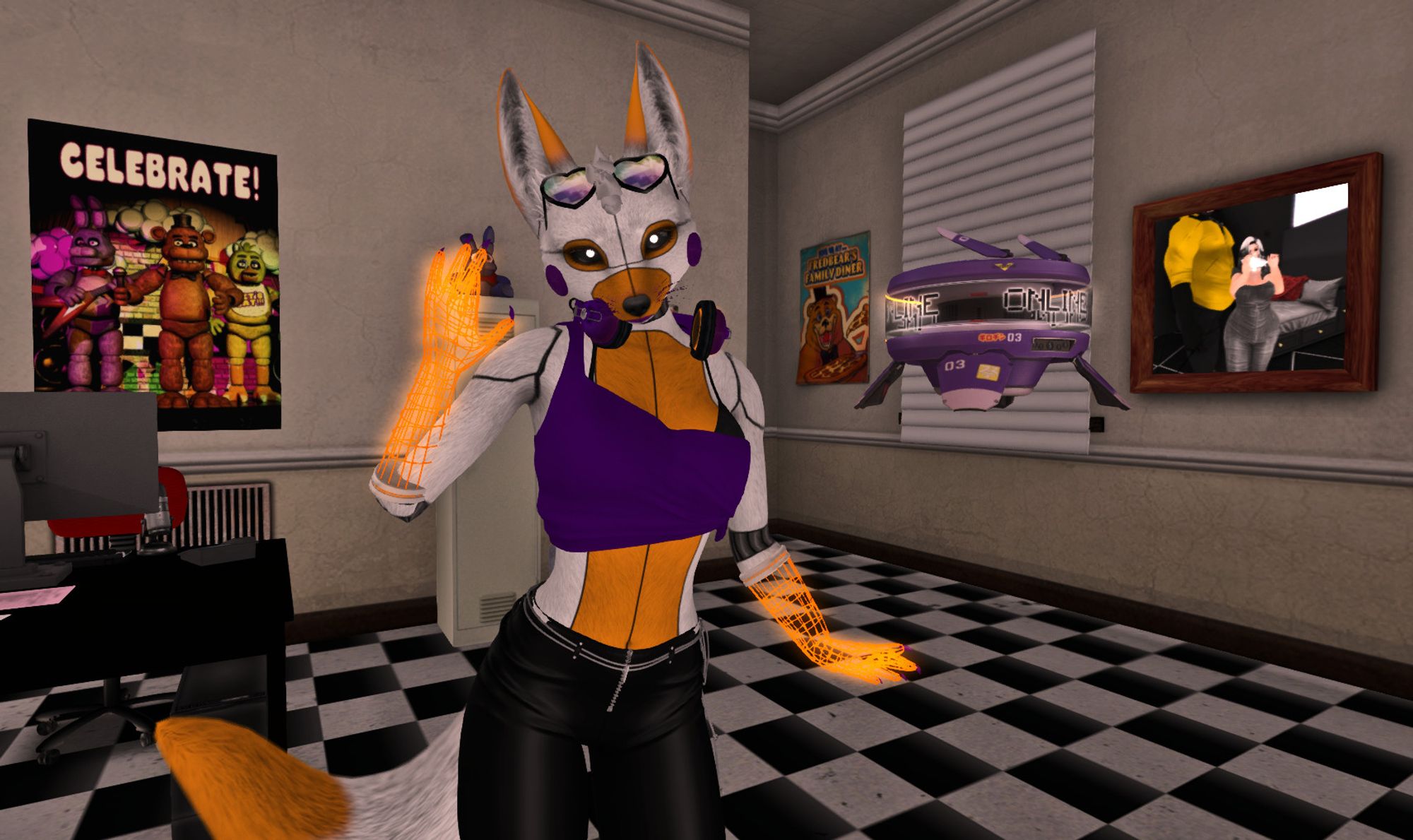 LOLBit from FNaF in their 90s heart shades, shiny black pants and dark purple top