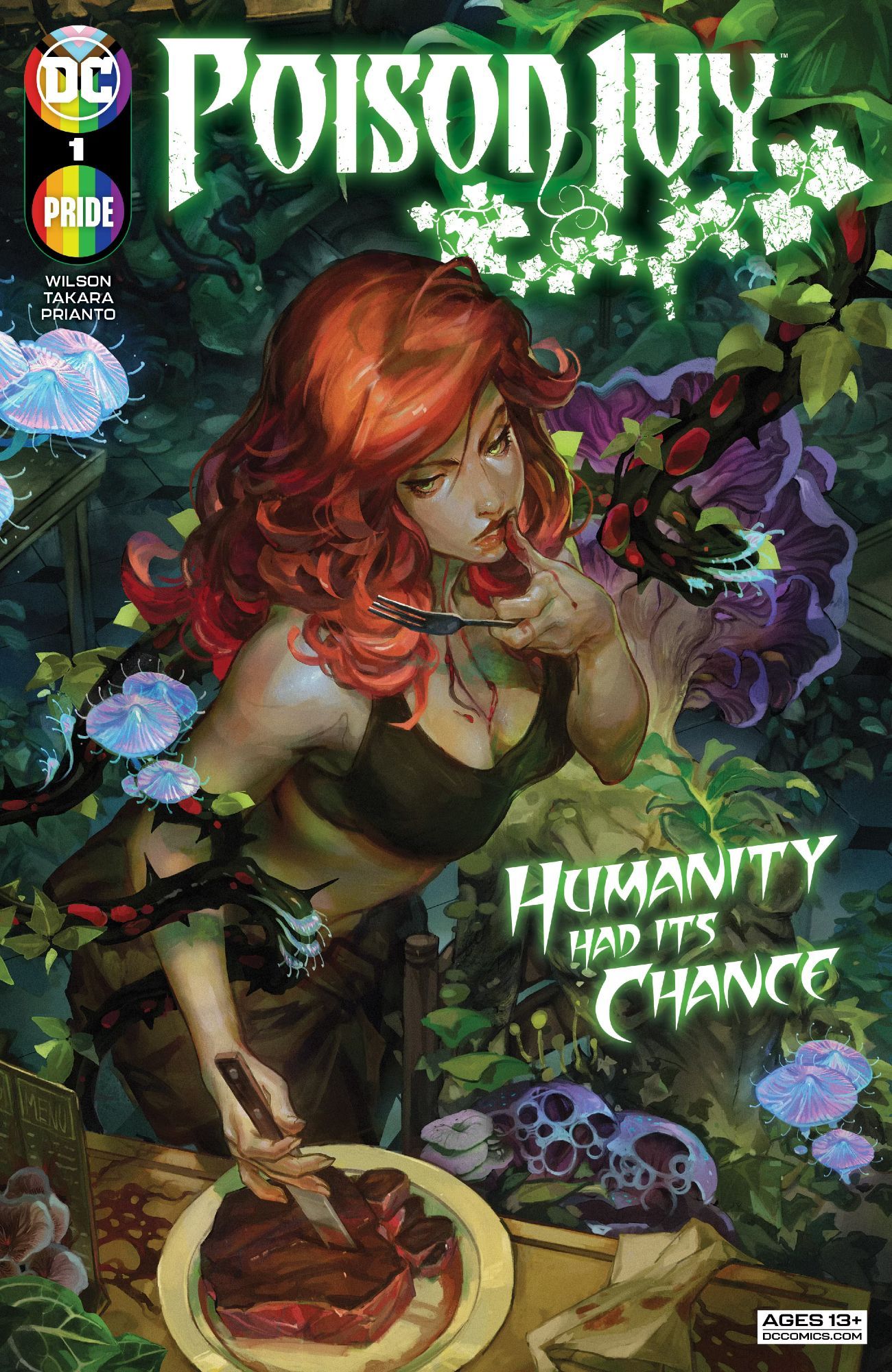 The cover of the first issue of Poison Ivy, part of a Pride comic series for DC. It shows Poison Ivy stabbing a knife into some steak, and wiping her lip with some blood on her thumb, fork in hand. The background shows vibrant overgrowth of plantlife.