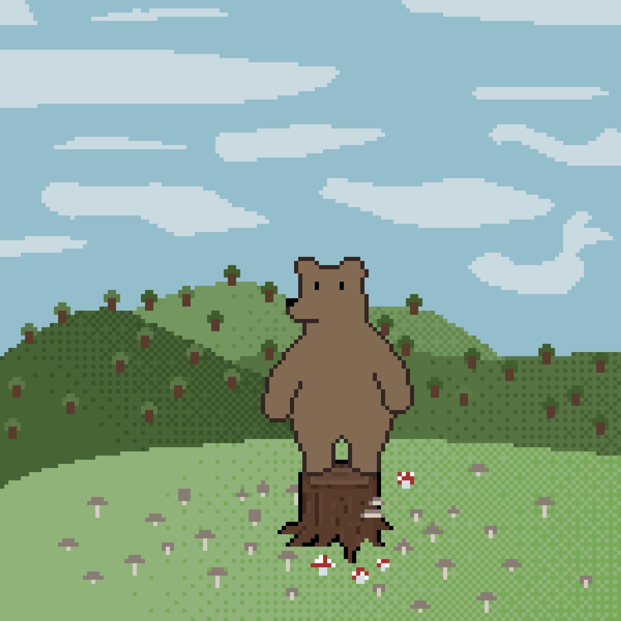 A pixel drawing with minimal detail showing a green hill with darker, more distant hills in the background. A small, toony bear stands on top of a tree stump surrounded by mushrooms of varying sizes and shapes. The sky is blue and cloudy.