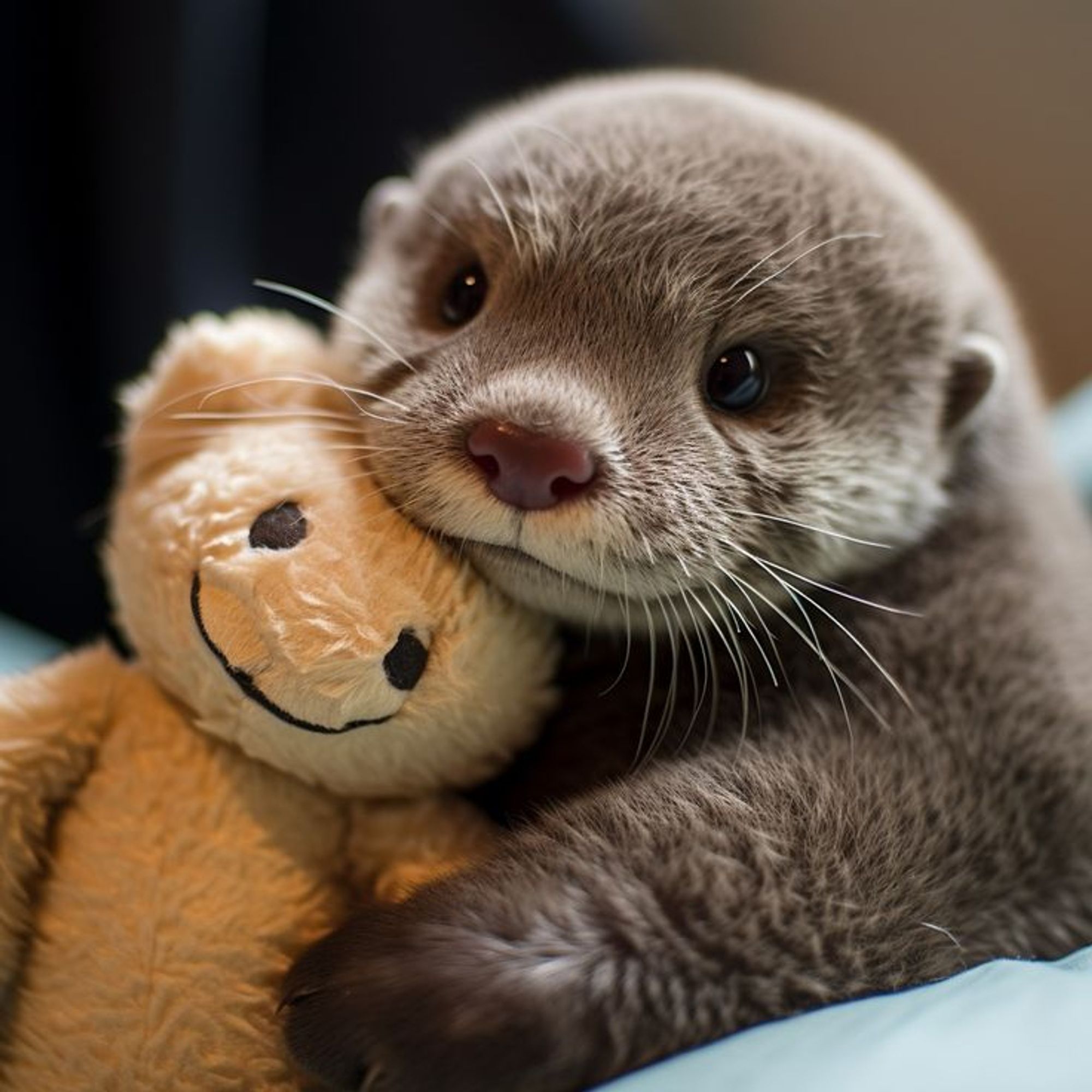 Petite loutre tenant une peluche
bon, elle ne dort pas encore
mais a l'air contente