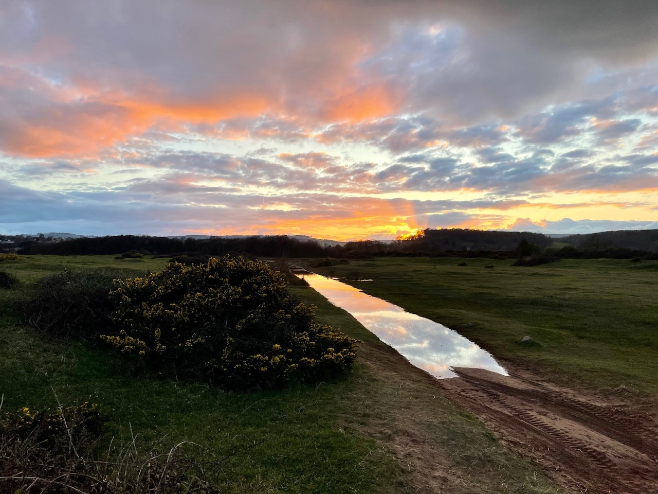 Dawlish Warren at sunset, behind the sea dunes, with low-lying water reflecting the sky