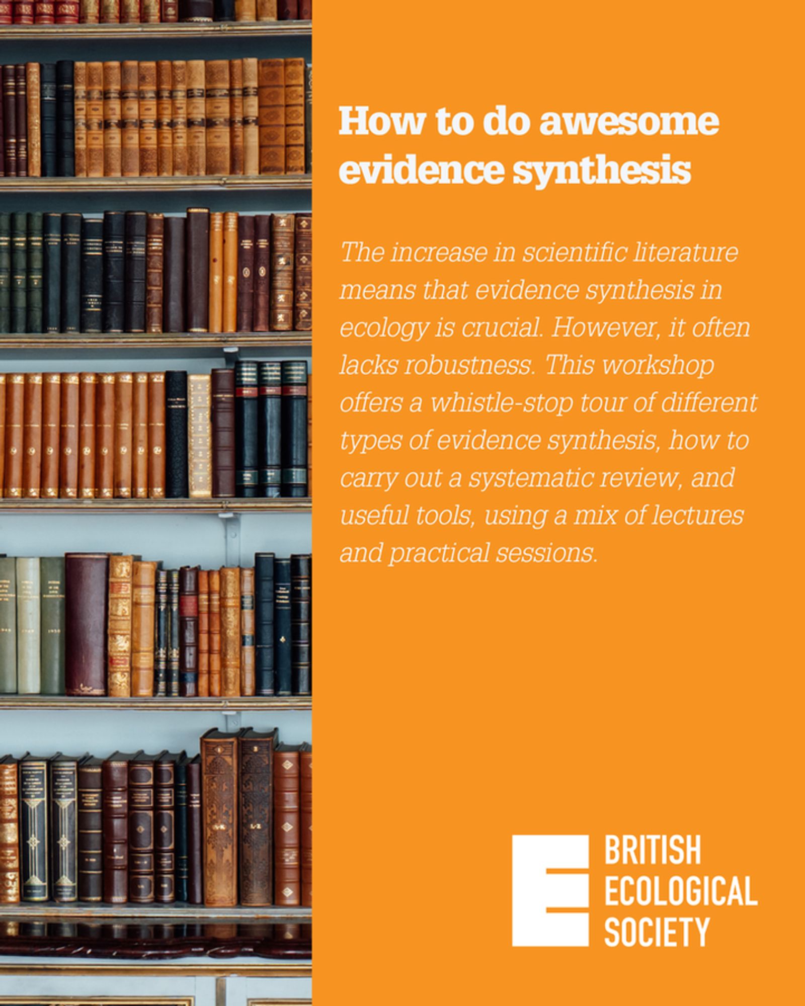 Bold white heading says,'How to do awesome evidence synthesis'. White body text says, 'The increase in scientific literature means that evidence synthesis in ecology is crucial. However, it often lacks robustness. This workshop offers a whistle-stop tour of different types of evidence synthesis, how to carry out a systematic review, and useful tools, using a mix of lectures and practical sessions.'