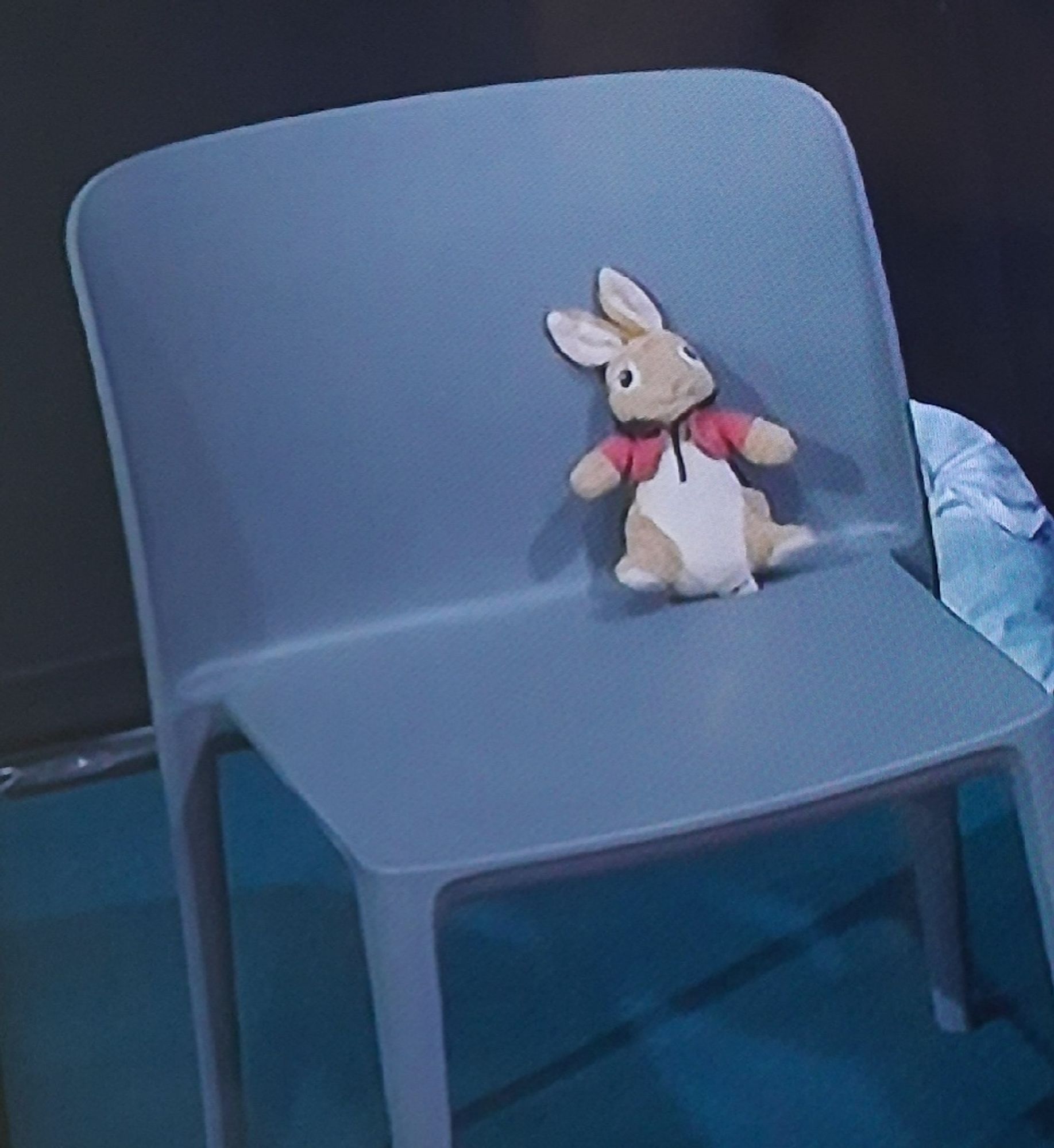 A toy rabbit in a red waistcoat sitting in a chair - the seat just next to the Paris 2024 Team GB weightlifter