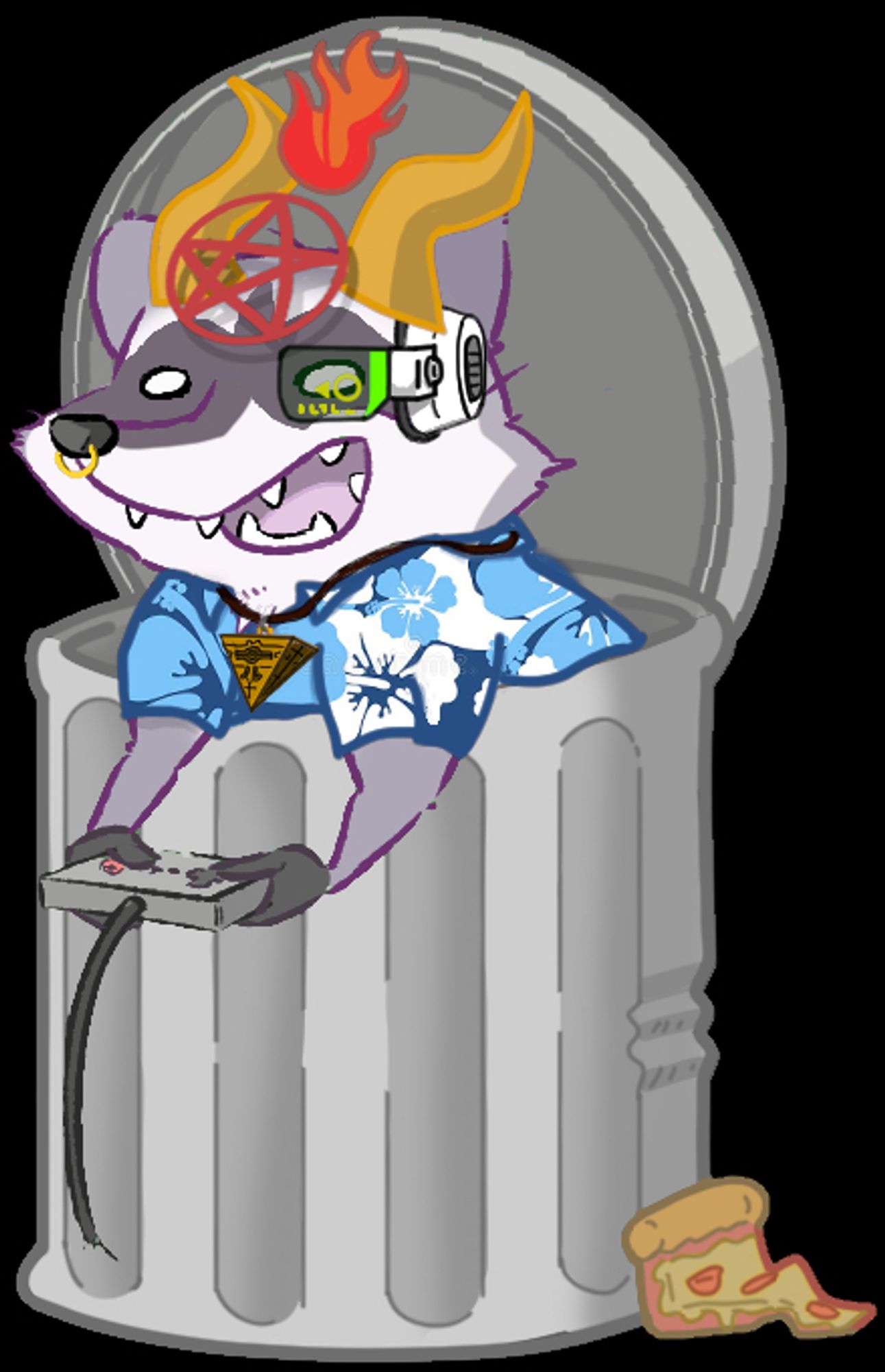 A 2D raccoon in a trash can wearing a Hawaiian shirt, a power level scanner, horns with a pentagram and flame, a nose ring, and the millennium puzzle.